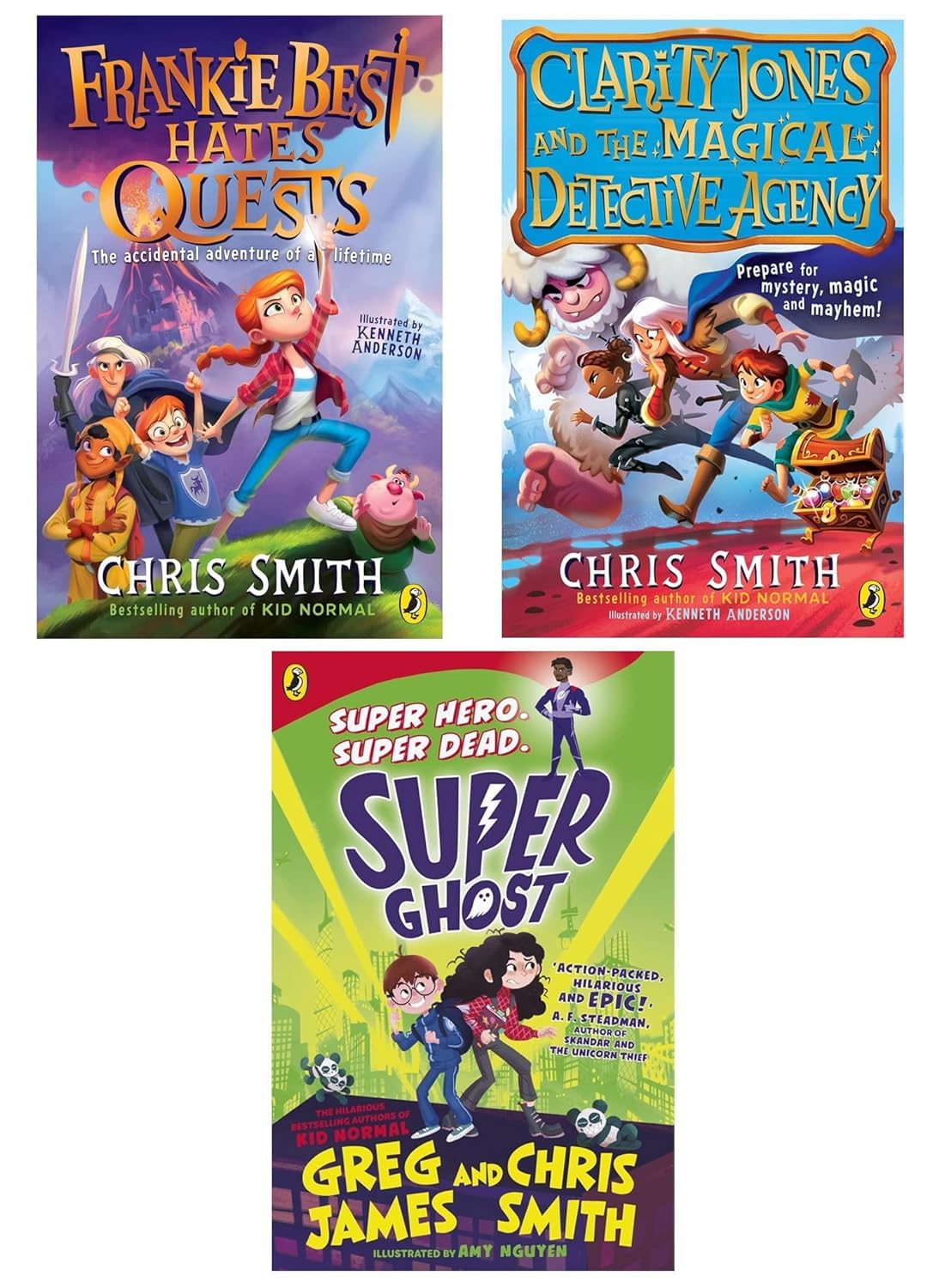 Three paperback books collection set by Chris Smith and Greg James for ages 7-9, featuring colorful covers and engaging illustrations.