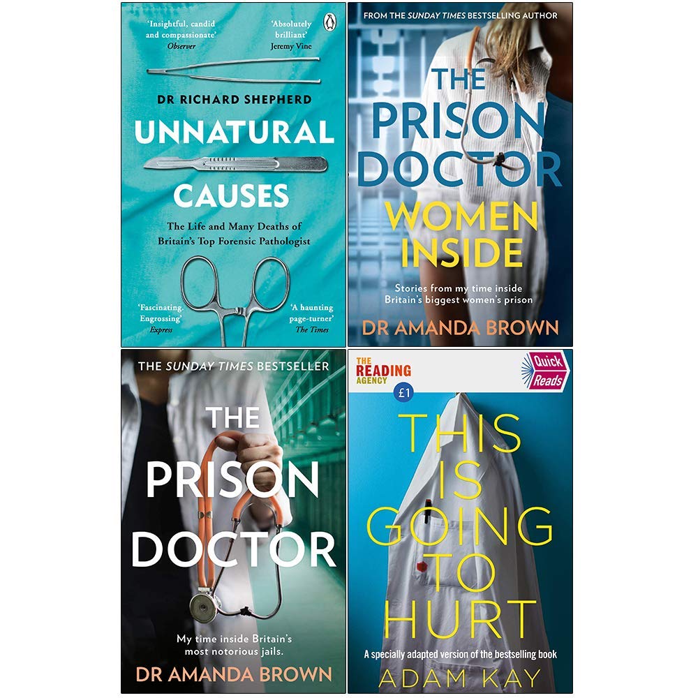 Four paperback books on medical topics by various authors, including Dr. Richard Shepherd, displayed on a table.