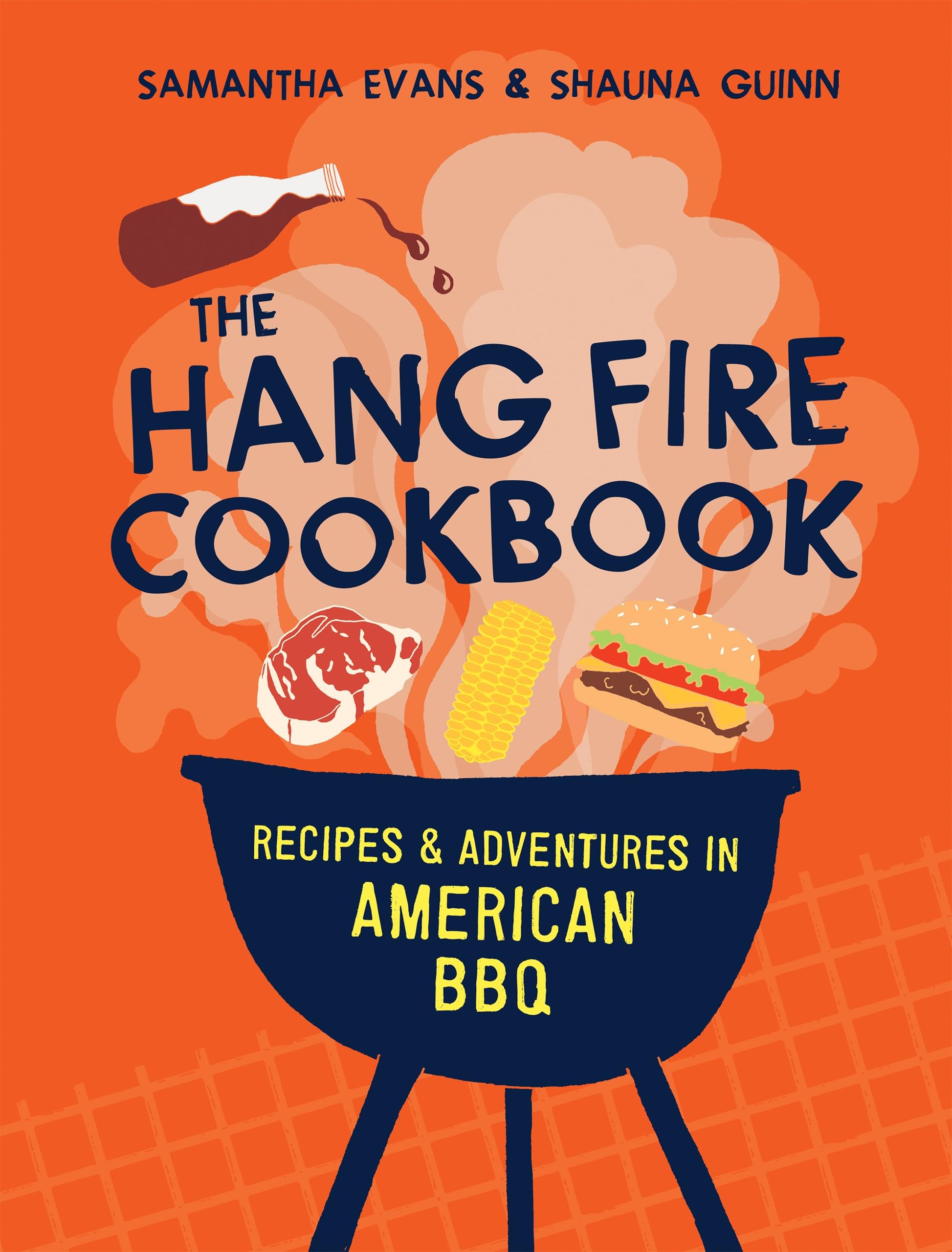 Hardback copy of The Hang Fire Cookbook by Samantha Evans, featuring a colorful cover and vibrant food photography.