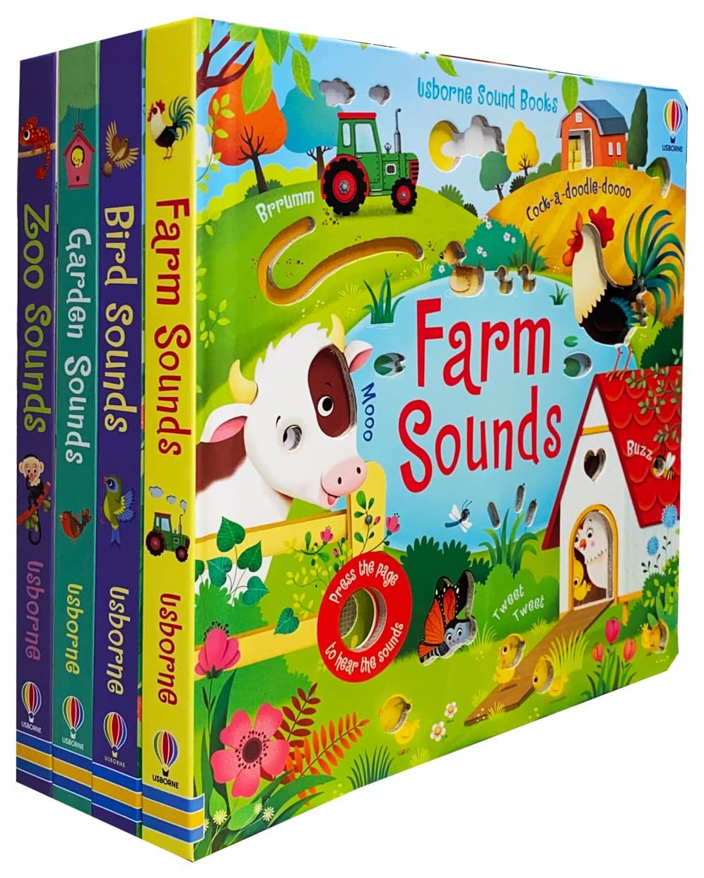 Usborne Sound Books Collection by Sam Taplin, set of four board books for ages 0-5, featuring colorful illustrations and sound buttons.