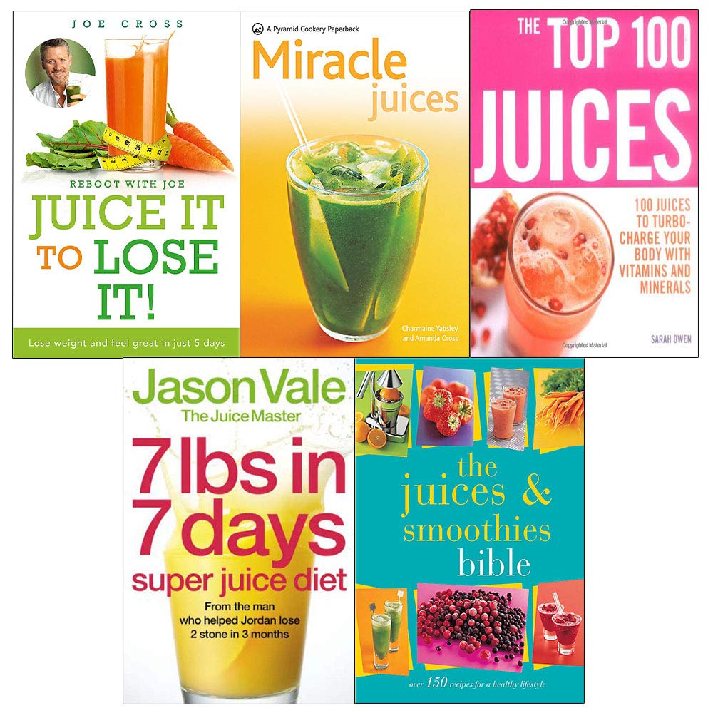 Juice It Lose It 5 Books Collection Set in paperback by various authors on a wooden surface with a colorful backdrop.