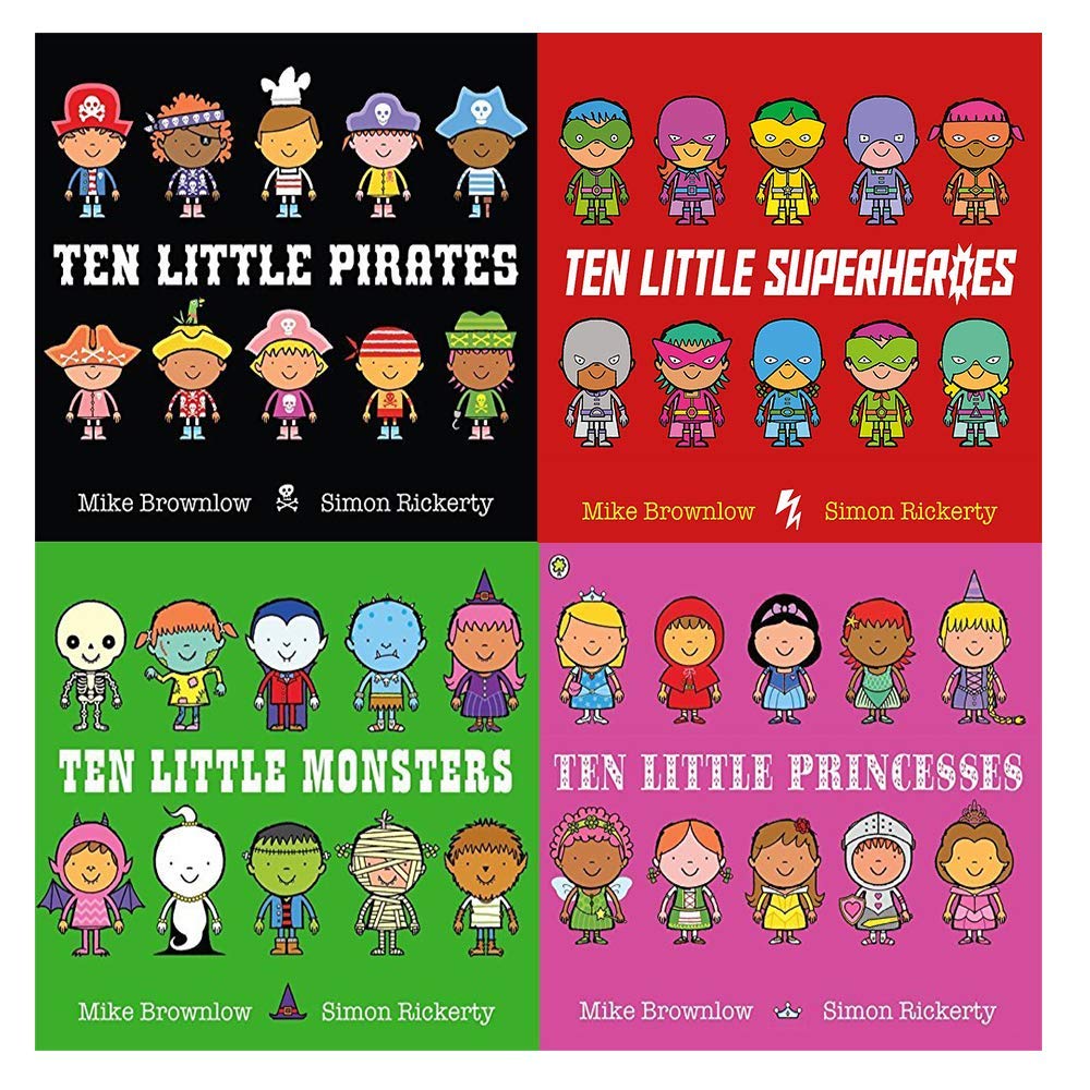 Four paperback books from the Ten Little Collection by Mike Brownlow, suitable for ages 0-5, displayed together.