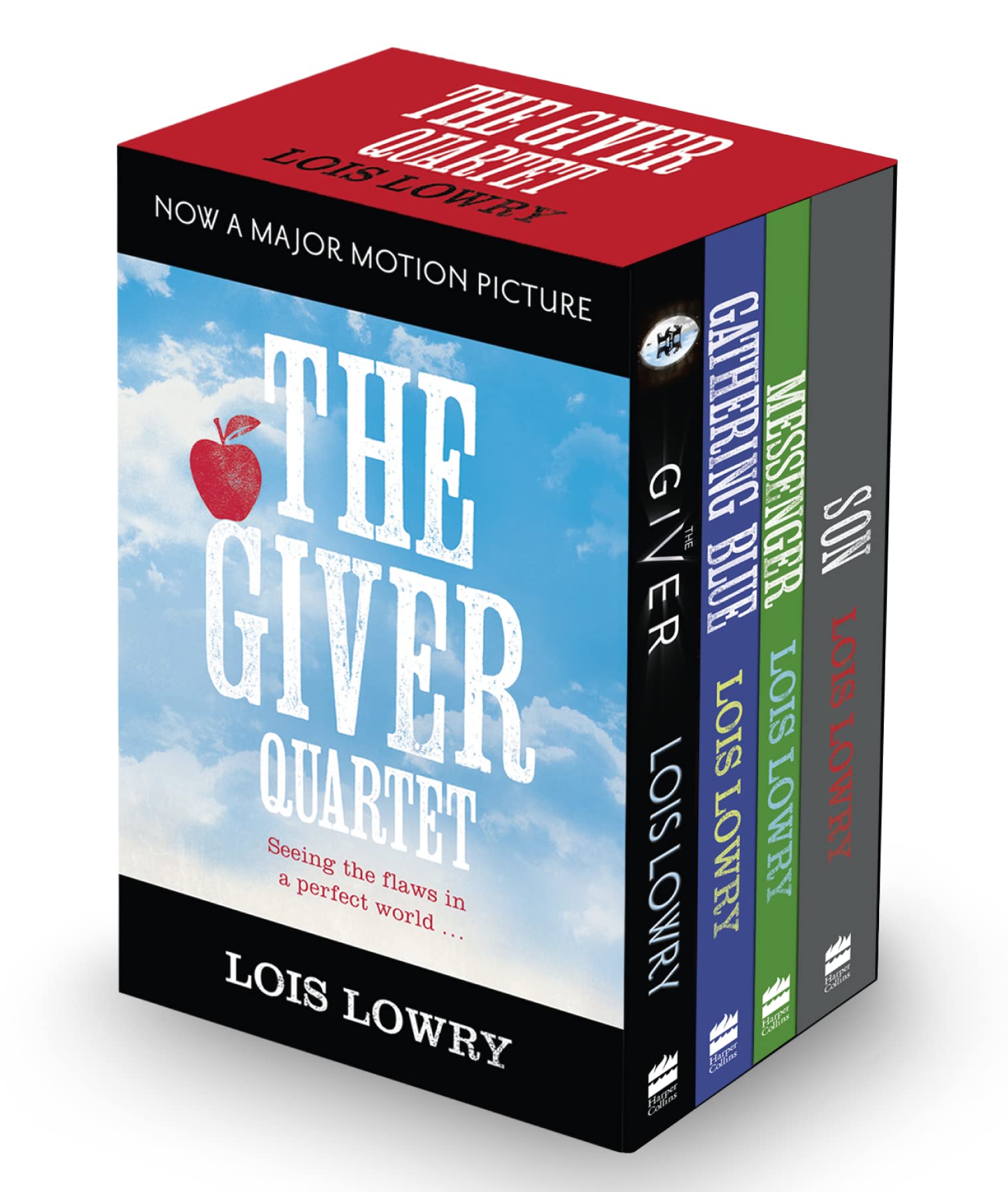 Four paperback books from the Lois Lowry The Giver collection box set, featuring colorful covers and author’s name.