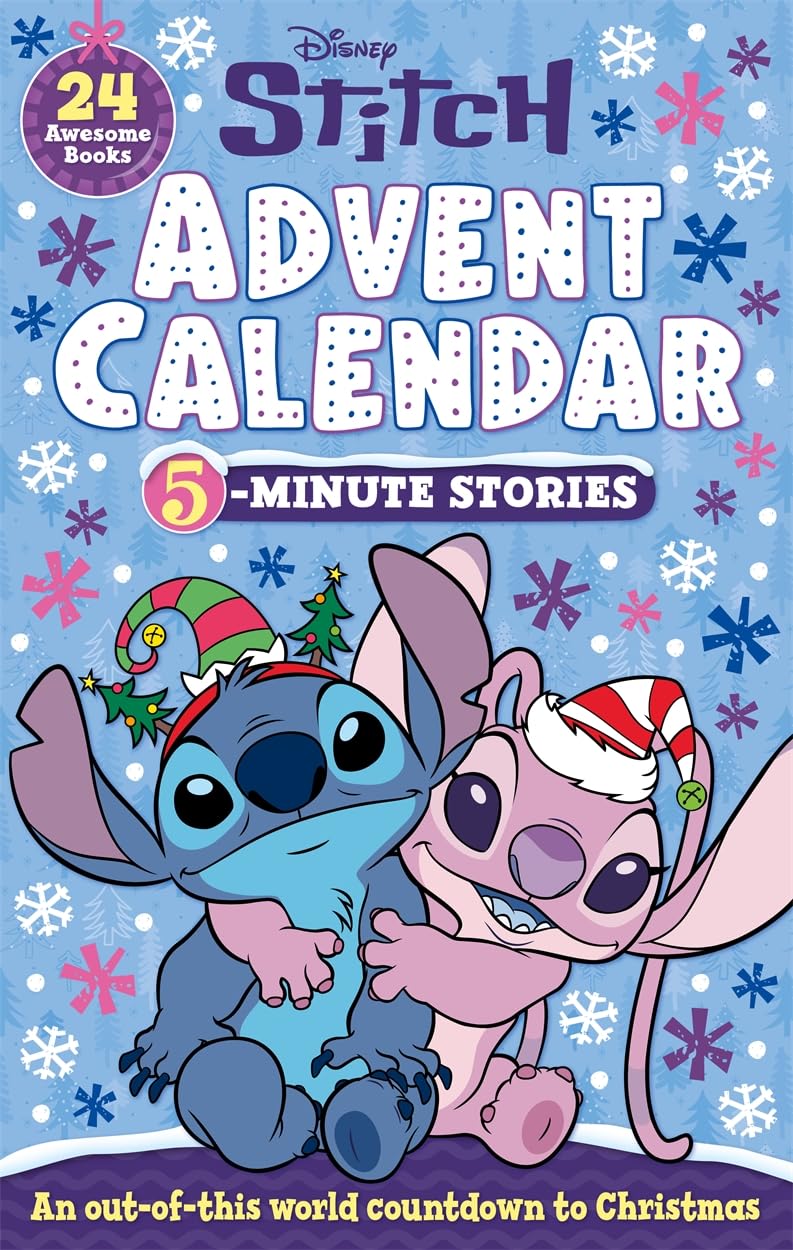 Disney Stitch Advent Calendar 5-Minute Stories paperback book for ages 3-7 featuring colorful illustrations and playful design.