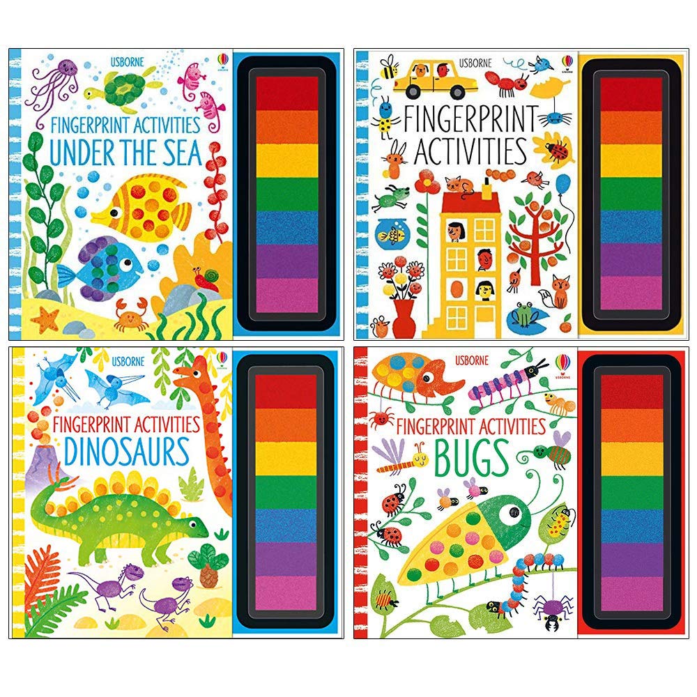 Fingerprint Activities 4 Books Collection Set for ages 3-7, featuring colorful covers and engaging activities from Usborne Publishing.