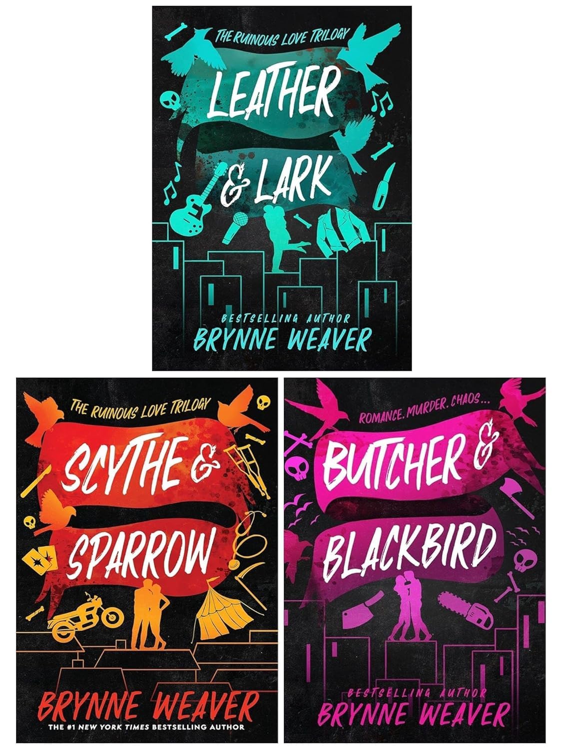 Set of three paperback books from Brynne Weaver's Ruinous Love Trilogy, featuring dark, romantic fiction covers.