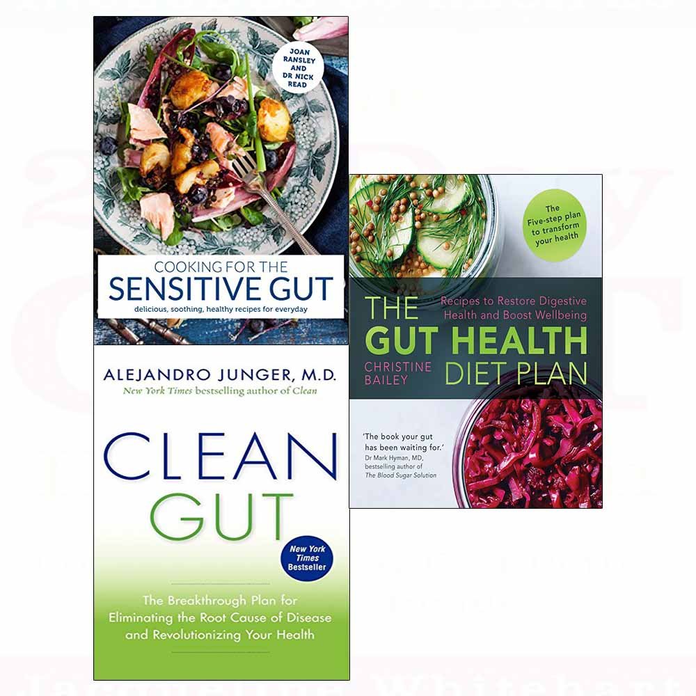 Three paperback books collection titled "Cooking for the Sensitive Gut" by Joan Ransley, featuring appealing food imagery.