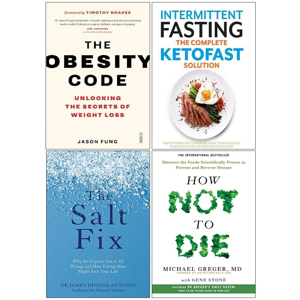 Four non-fiction paperback books from the Health Collection by Jason Fung and others, stacked on a surface.