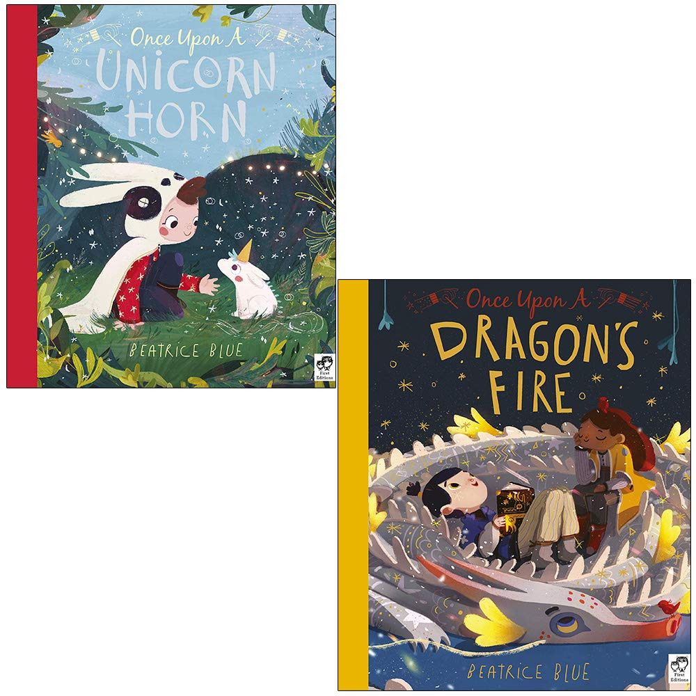 Two paperback children's books, "Once Upon a Unicorn Horn" and "Once Upon a Dragon's Fire" by Beatrice Blue.