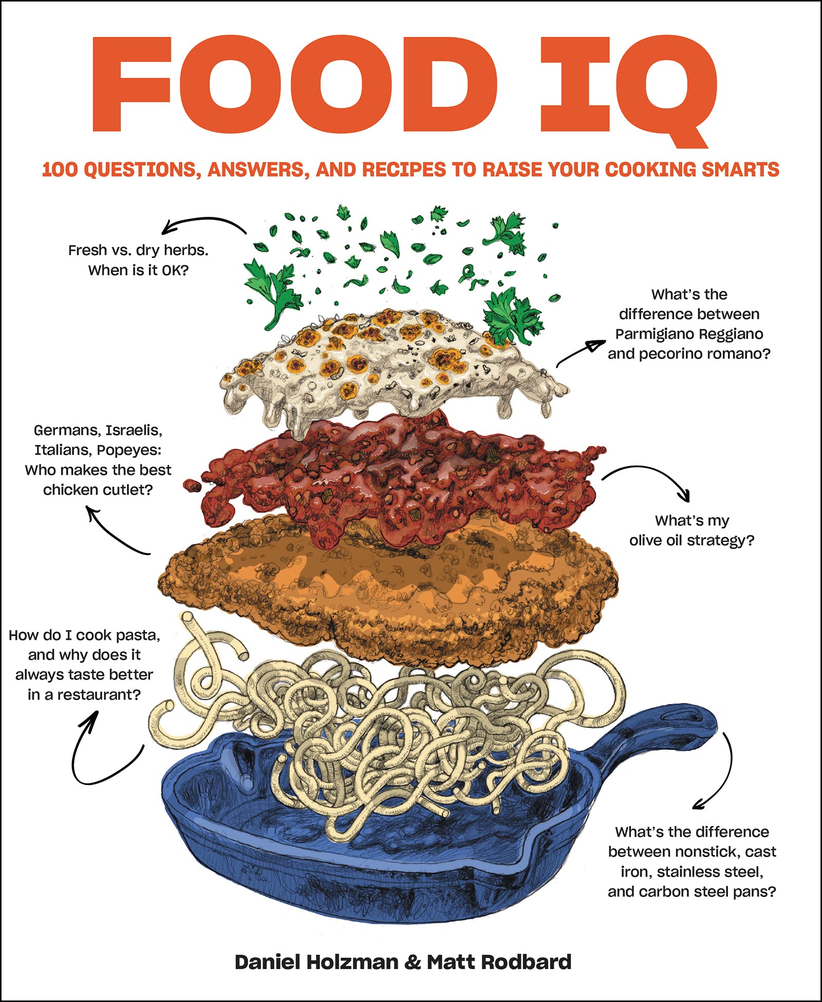 Hardcover book "Food IQ: 100 Q&A & Recipes" by Daniel Holzman & Matt Rodbard featuring a colorful, appetizing cover design.