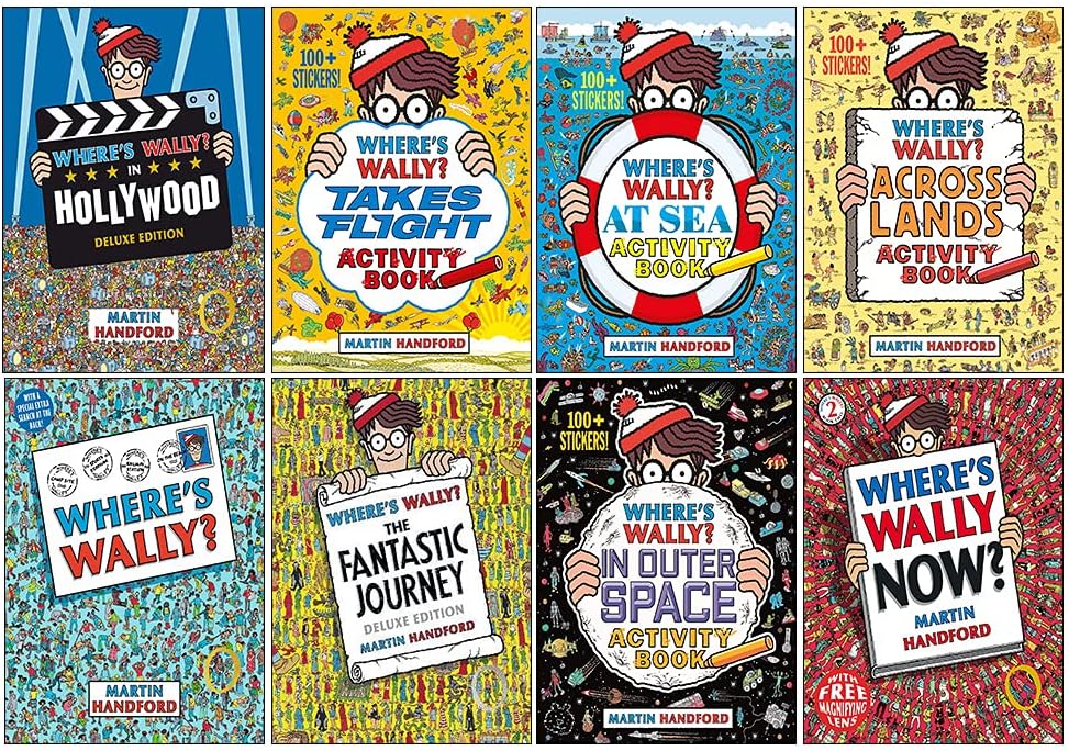 Set of eight Where's Wally books by Martin Handford, paperback series for ages 5 and up, featuring colorful illustrations.
