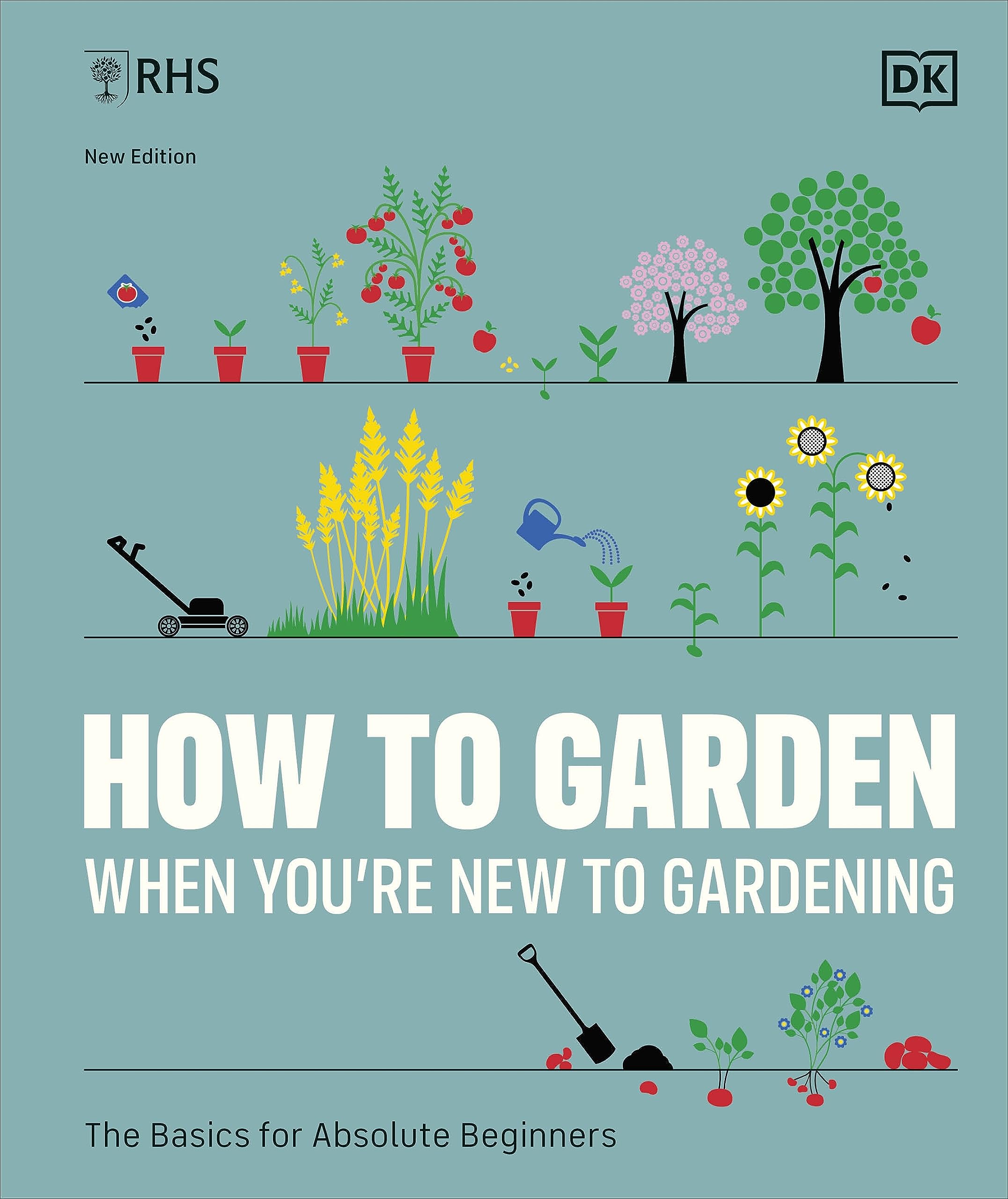 Hardback book "How to Garden When You're New to Gardening" by D.K. Publishing, featuring a vibrant garden on the cover.