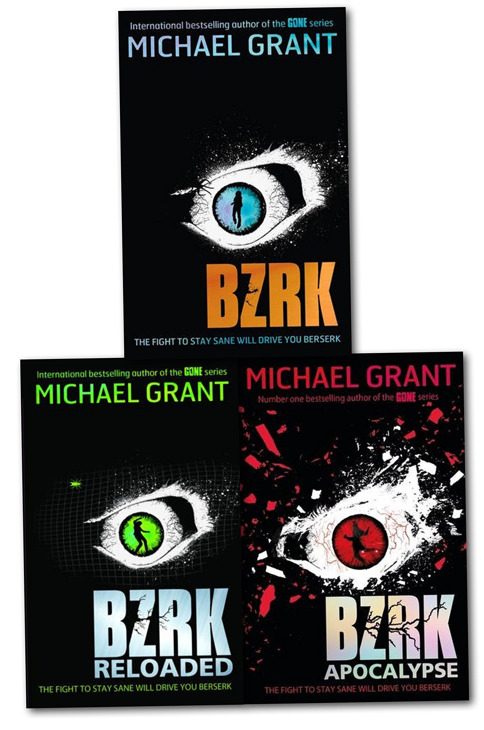 Three paperback books from the BZRK Series by Michael Grant, showcasing engaging fiction covers and spine designs.