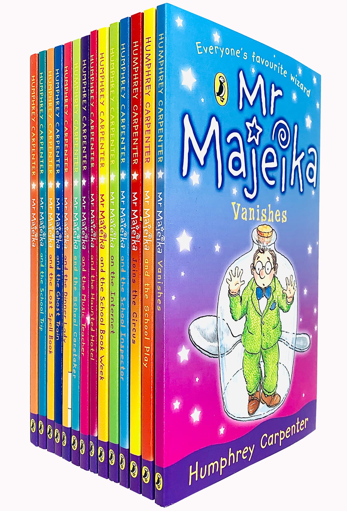 Mr Majeika 14 book collection set in paperback by Humphrey Carpenter, featuring colorful covers and engaging illustrations.