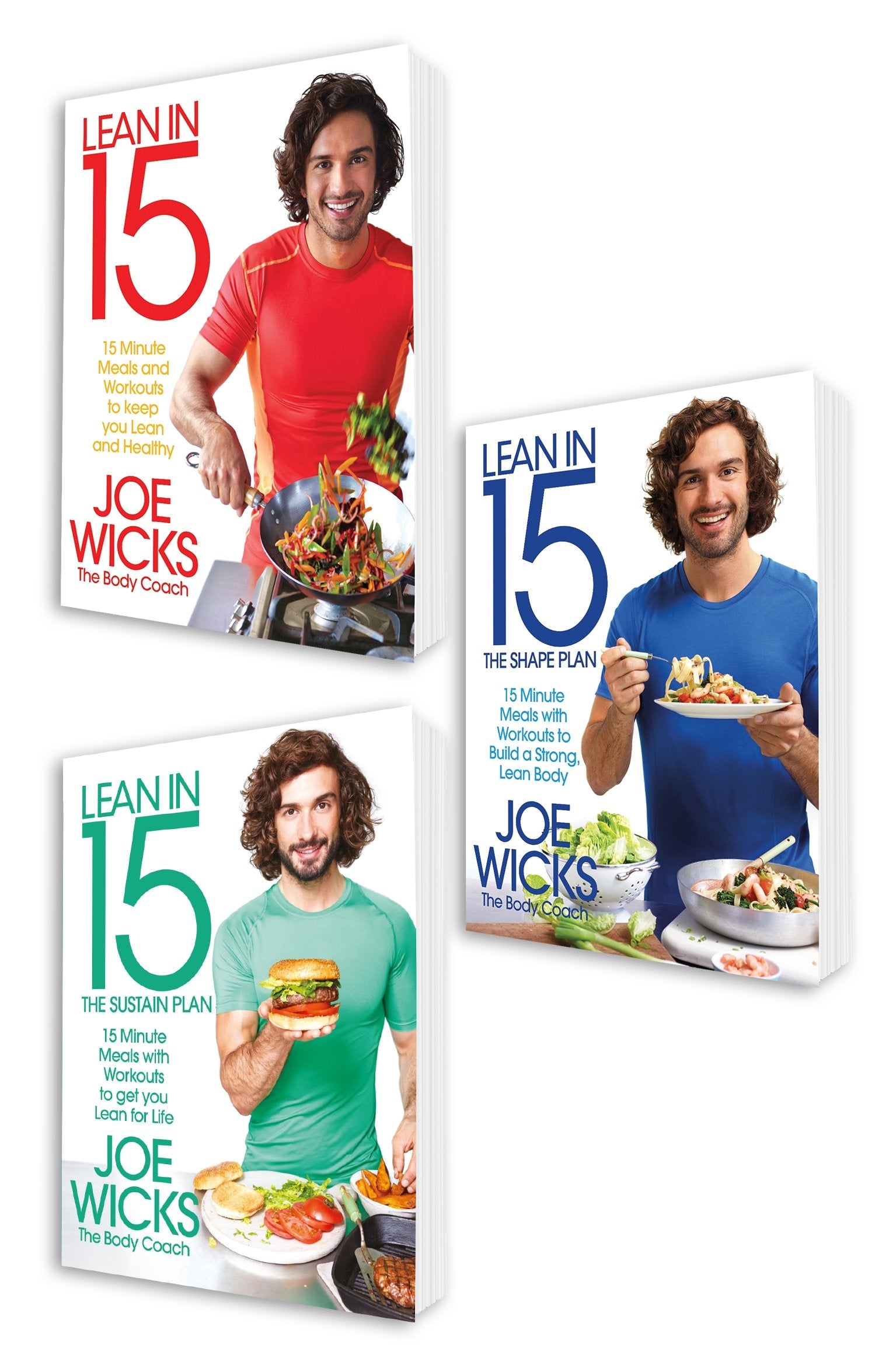 Three paperback books from the Lean In 15 collection by Joe Wicks, featuring healthy recipes and fitness tips.