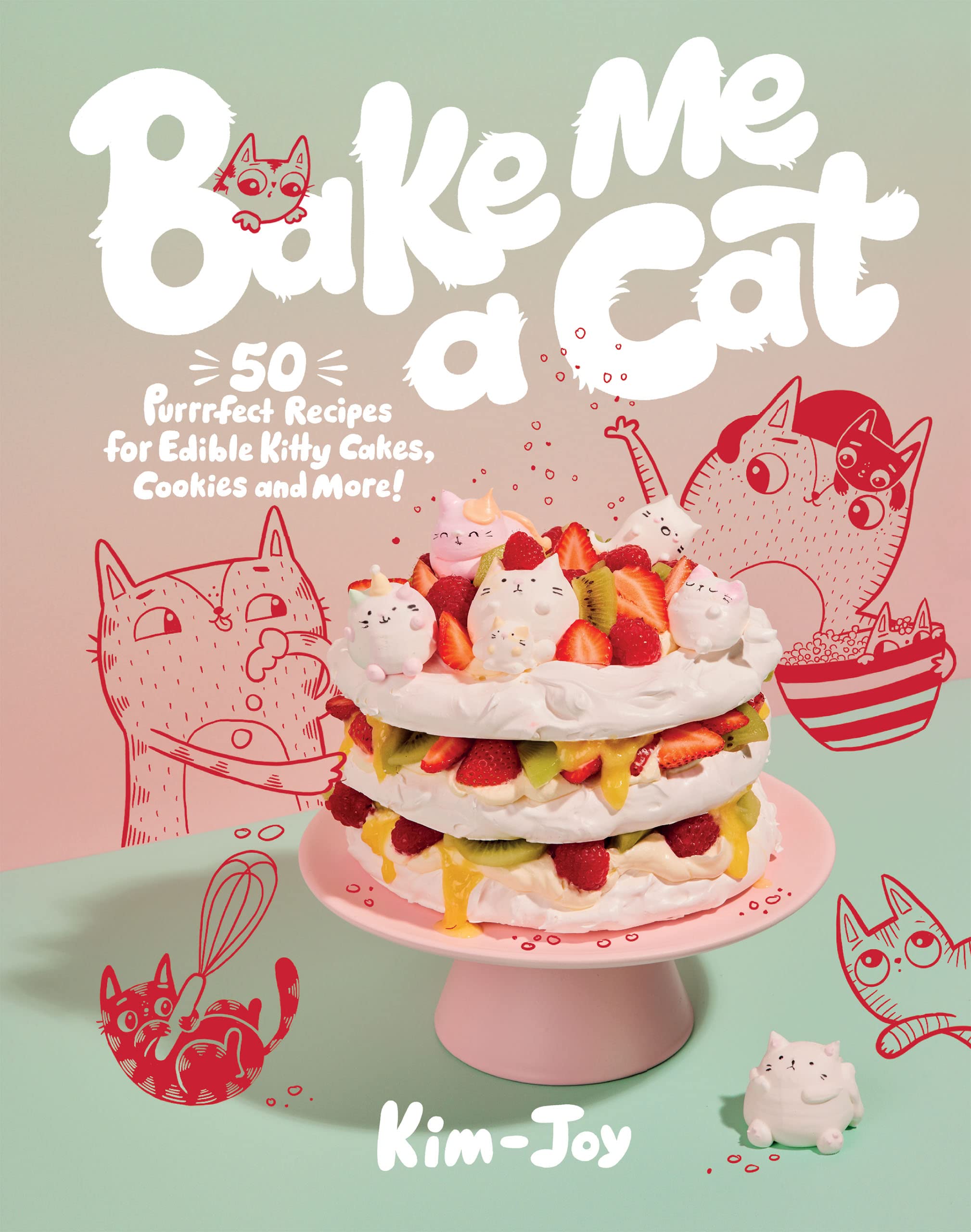Hardback book "Bake Me A Cat" by Kim-Joy featuring colorful kitty cake illustrations and recipes on the cover.