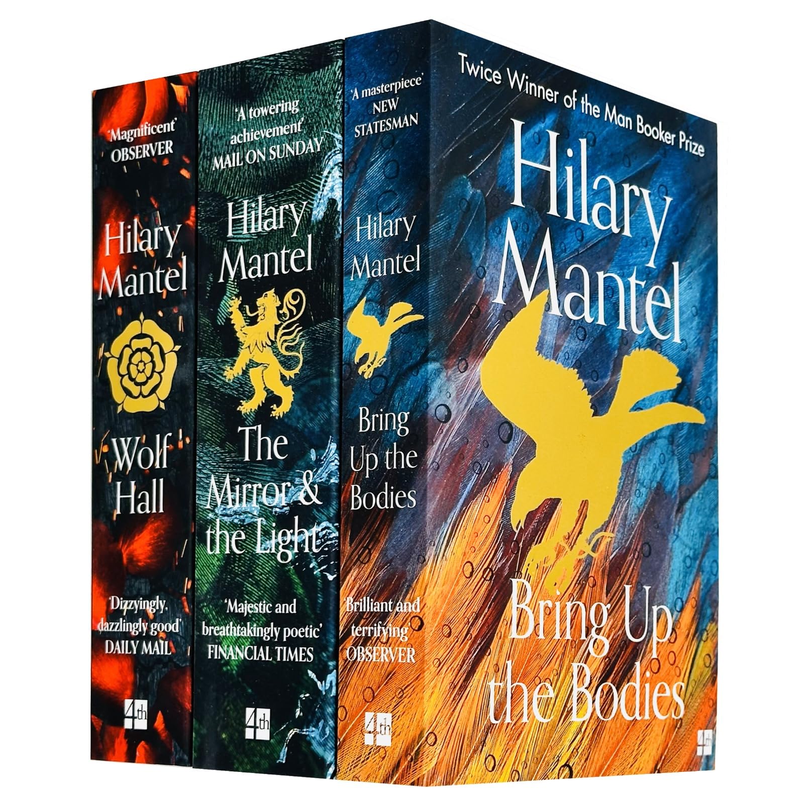 Hilary Mantel Collection featuring three paperback novels by Hilary Mantel, displayed on a wooden surface.