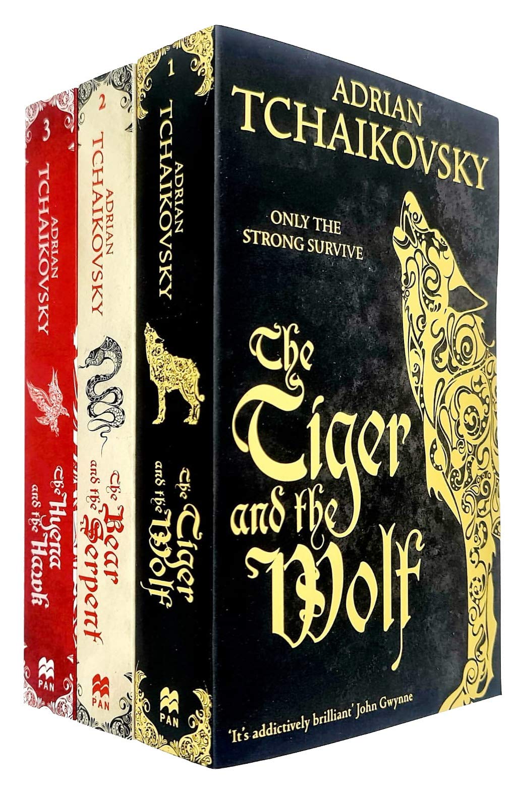 Echoes of Fall by Adrian Tchaikovsky paperback book collection featuring three fiction novels in a stacked arrangement.