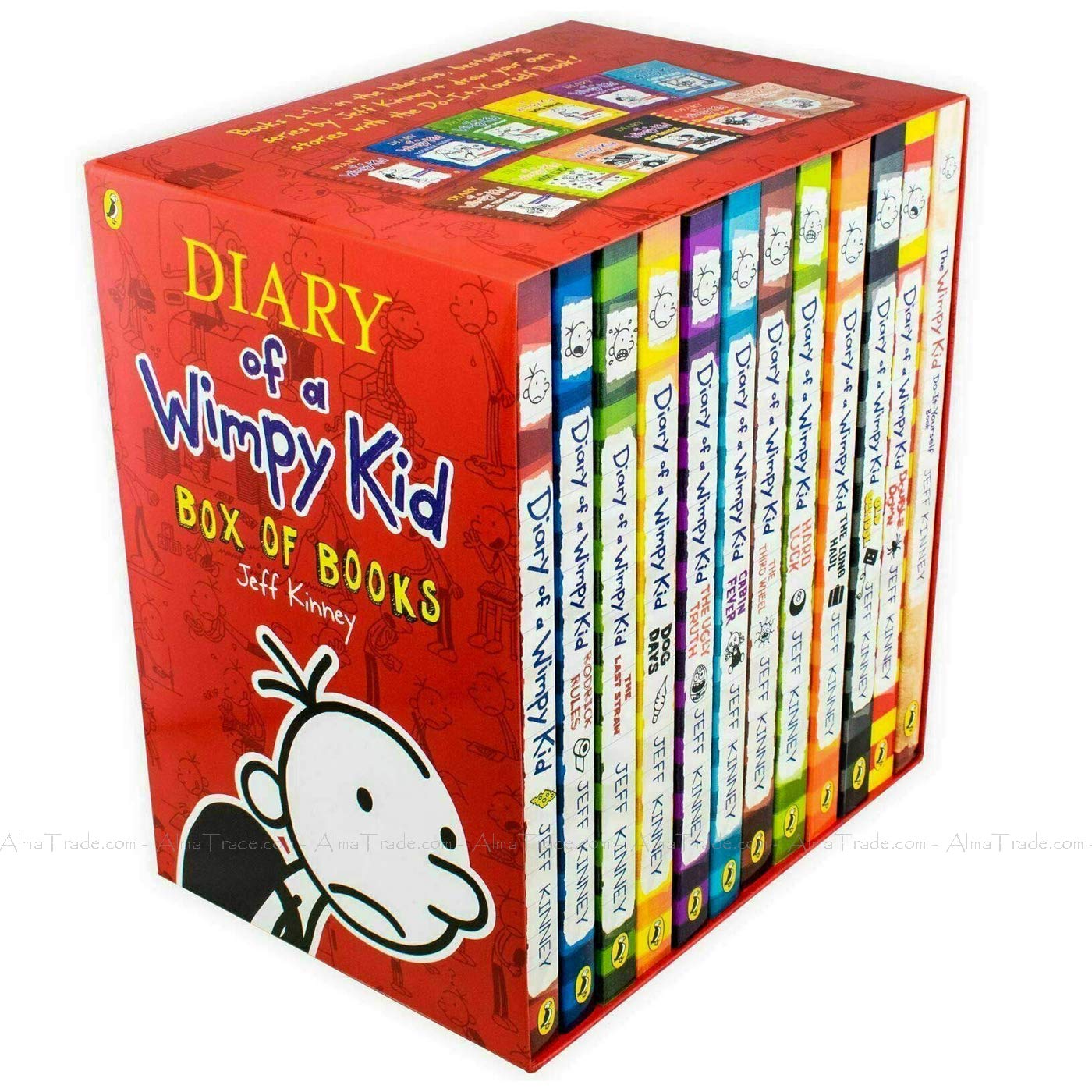 Set of 12 Puffin paperback "Diary of a Wimpy Kid" books by Jeff Kinney, featuring colorful covers and illustrations.