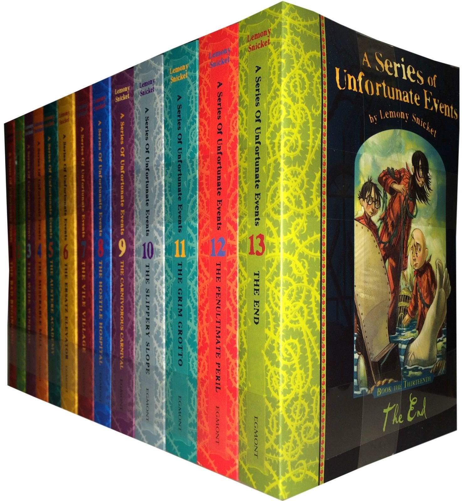 A collection of 13 paperback books from Lemony Snicket's A Series of Unfortunate Events, featuring colorful covers.