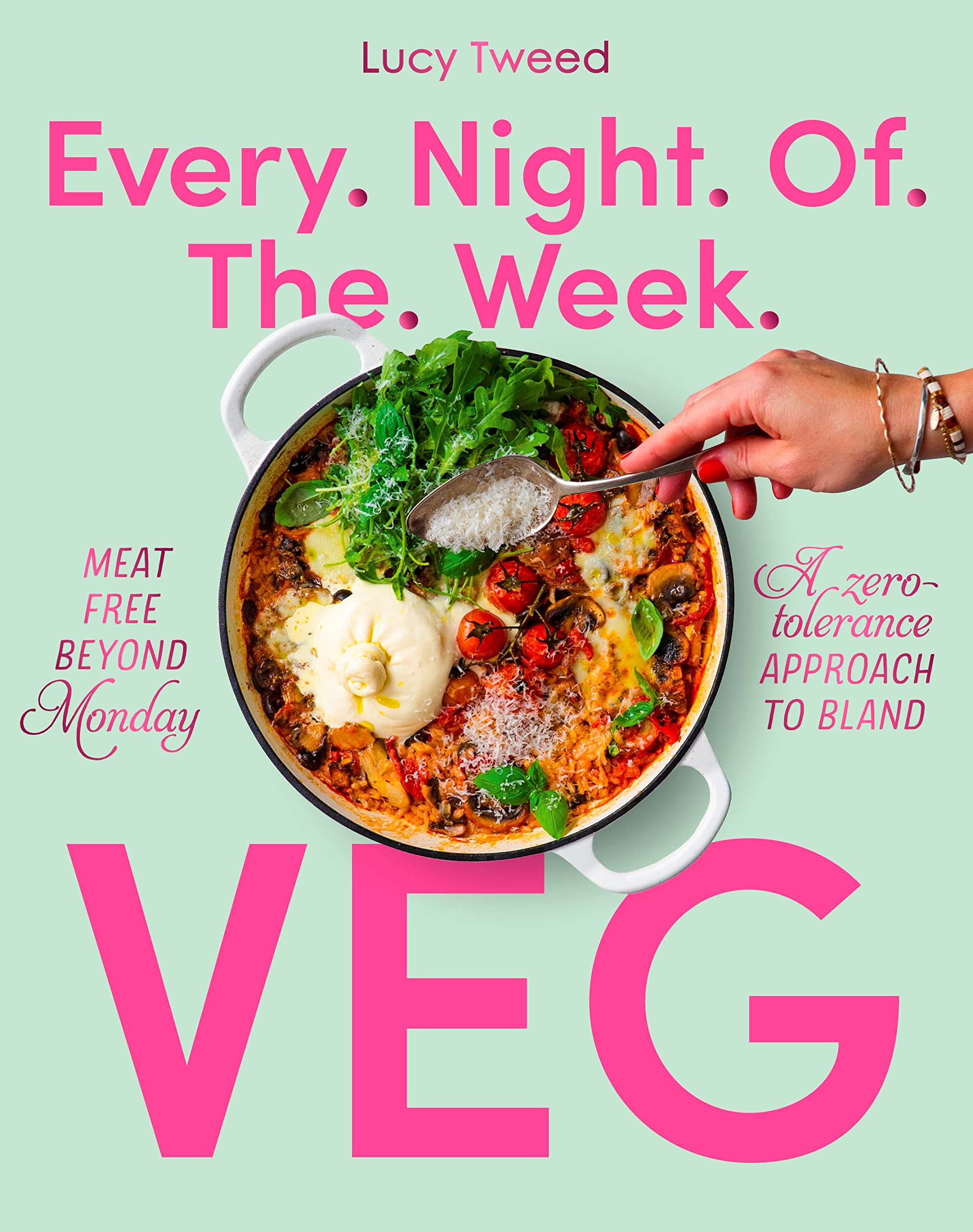 Paperback book "Every Night of the Week Veg" by Lucy Tweed displayed on a wooden table with colorful vegetable illustrations.