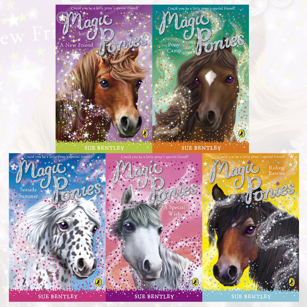 Five paperback books from the Magic Ponies collection by Sue Bentley, featuring colorful covers and enchanting pony illustrations.