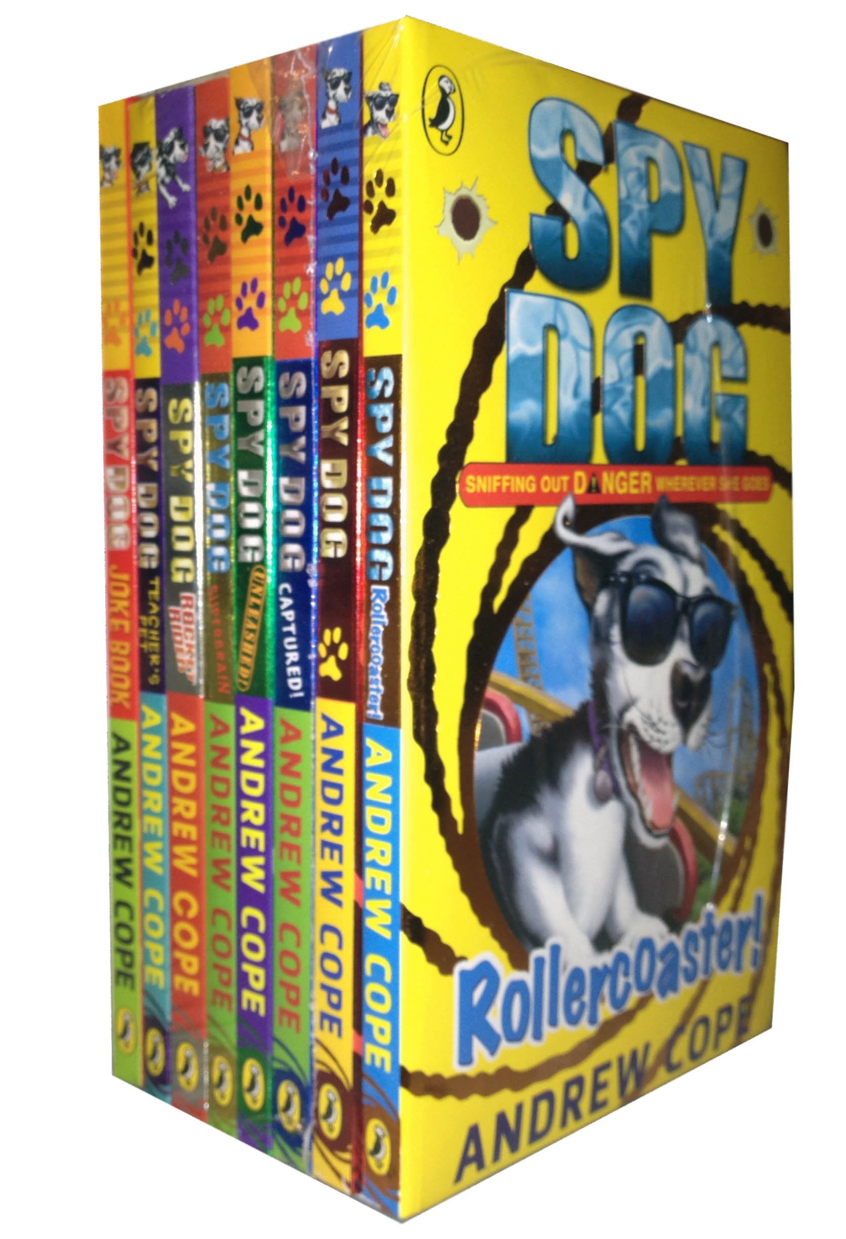 Eight paperback books from the Spy Dog series by Andrew Cope for ages 7-9, featuring colorful covers and engaging illustrations.