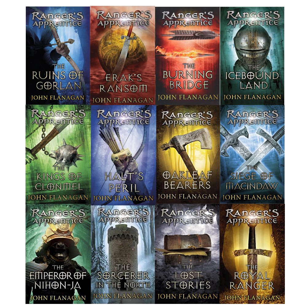 Complete set of The Ranger's Apprentice series by John Flanagan, featuring 12 paperback fantasy books in a Skymart Books edition.