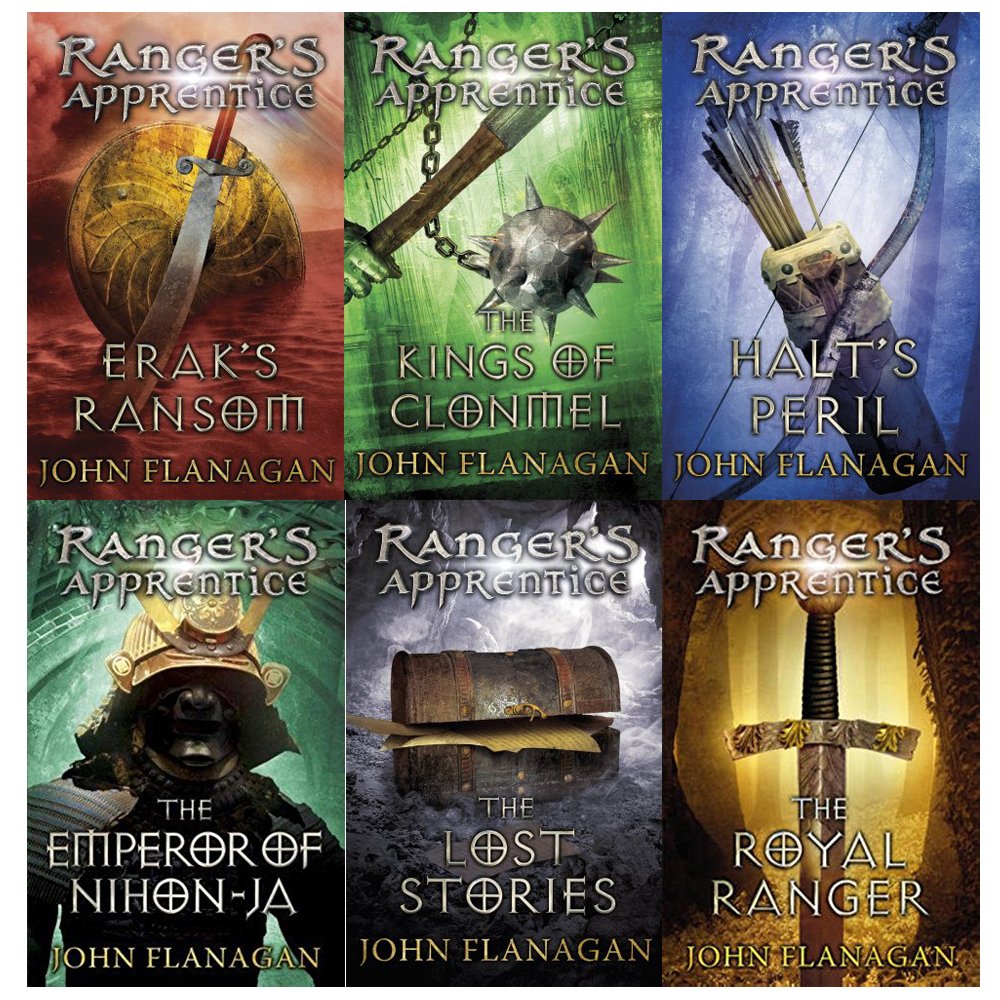 Rangers Apprentice 10-book paperback collection by John Flanagan, featuring fantasy fiction covers and spines.
