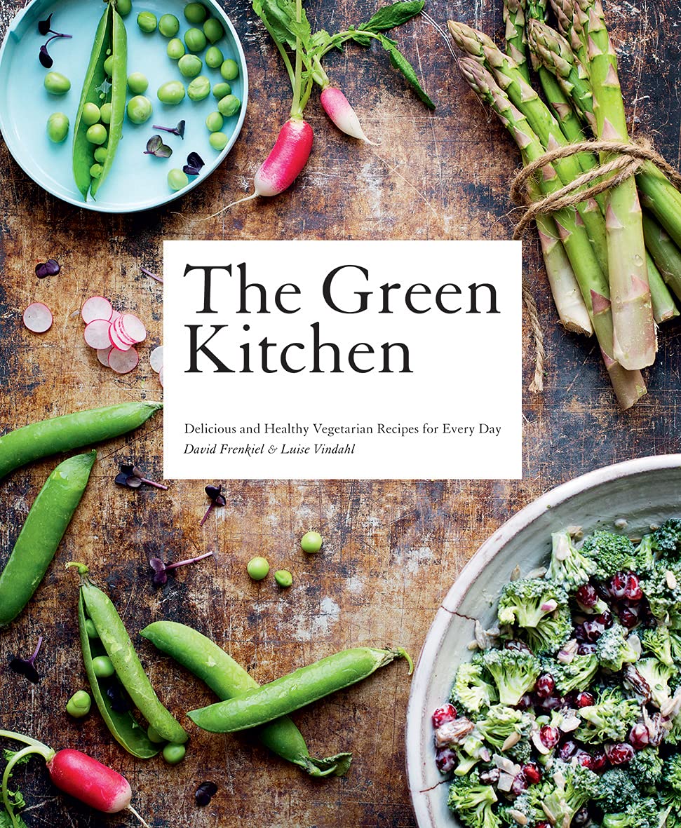 Hardback copy of "Green Kitchen" by David Frenkiel & Luise Vindahl, featuring a vibrant green cover and food imagery.
