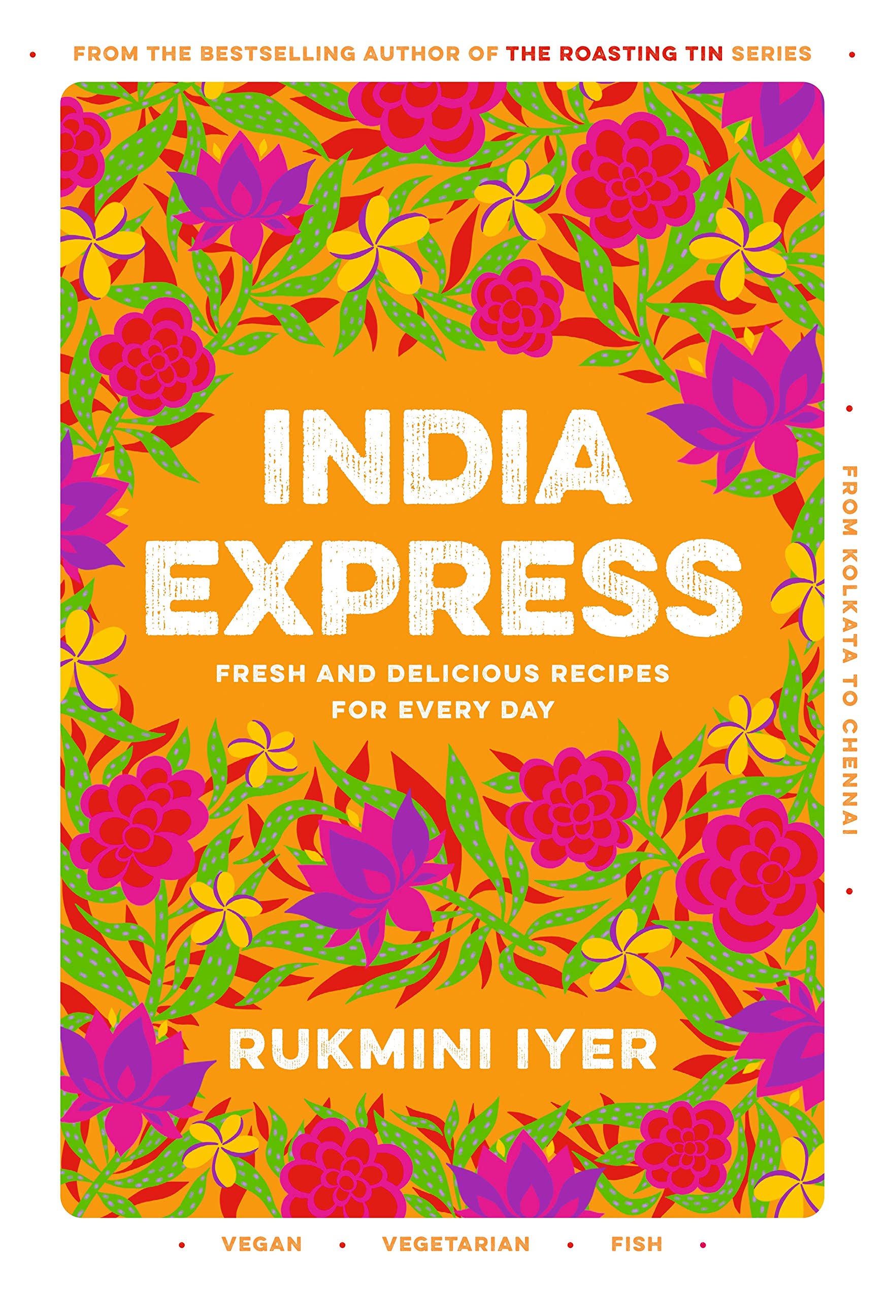 Hardback book "India Express" by Rukmini Iyer, featuring a colorful cover and square peg design on a wooden surface.