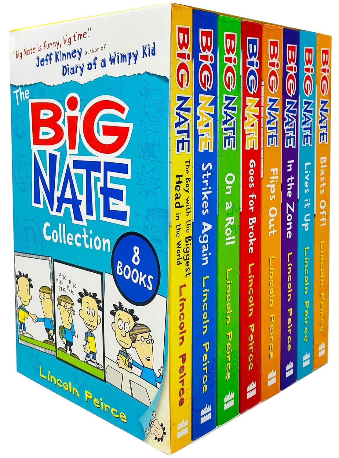 Set of eight Big Nate paperback books by Lincoln Peirce, fiction collection featuring colorful covers and popular characters.