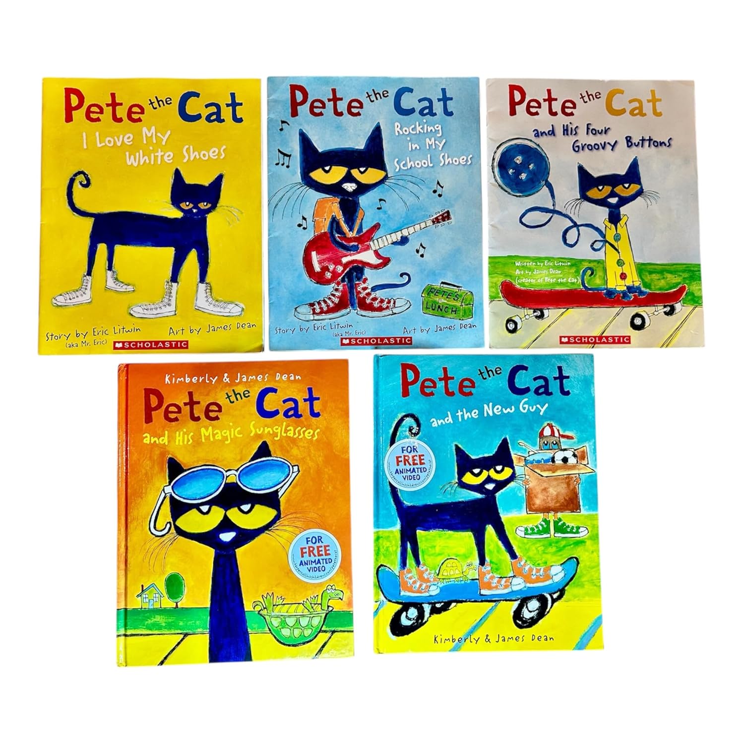 Set of five Pete the Cat children's paperback books by Eric Litwin and Kimberly Dean, featuring colorful book covers and illustrations.
