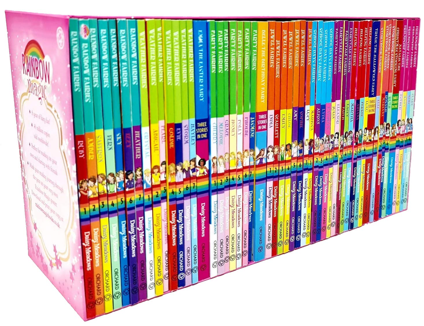 Set of Rainbow Magic Series by Daisy Meadows, 52 paperback books for ages 5+, featuring colorful covers and magical illustrations.