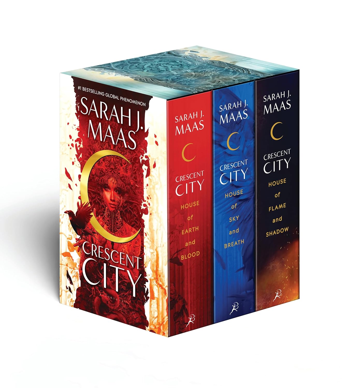 Set of three hardcover Crescent City books by Sarah J. Maas, fiction collection published by Bloomsbury Publishing.