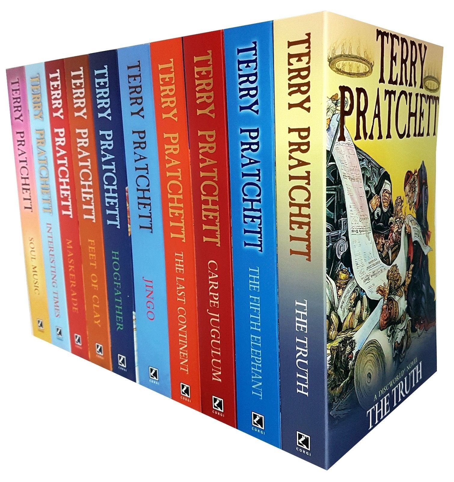 Terry Pratchett Discworld 10 Books Collection Set in paperback featuring colorful covers and unique fantasy artwork.