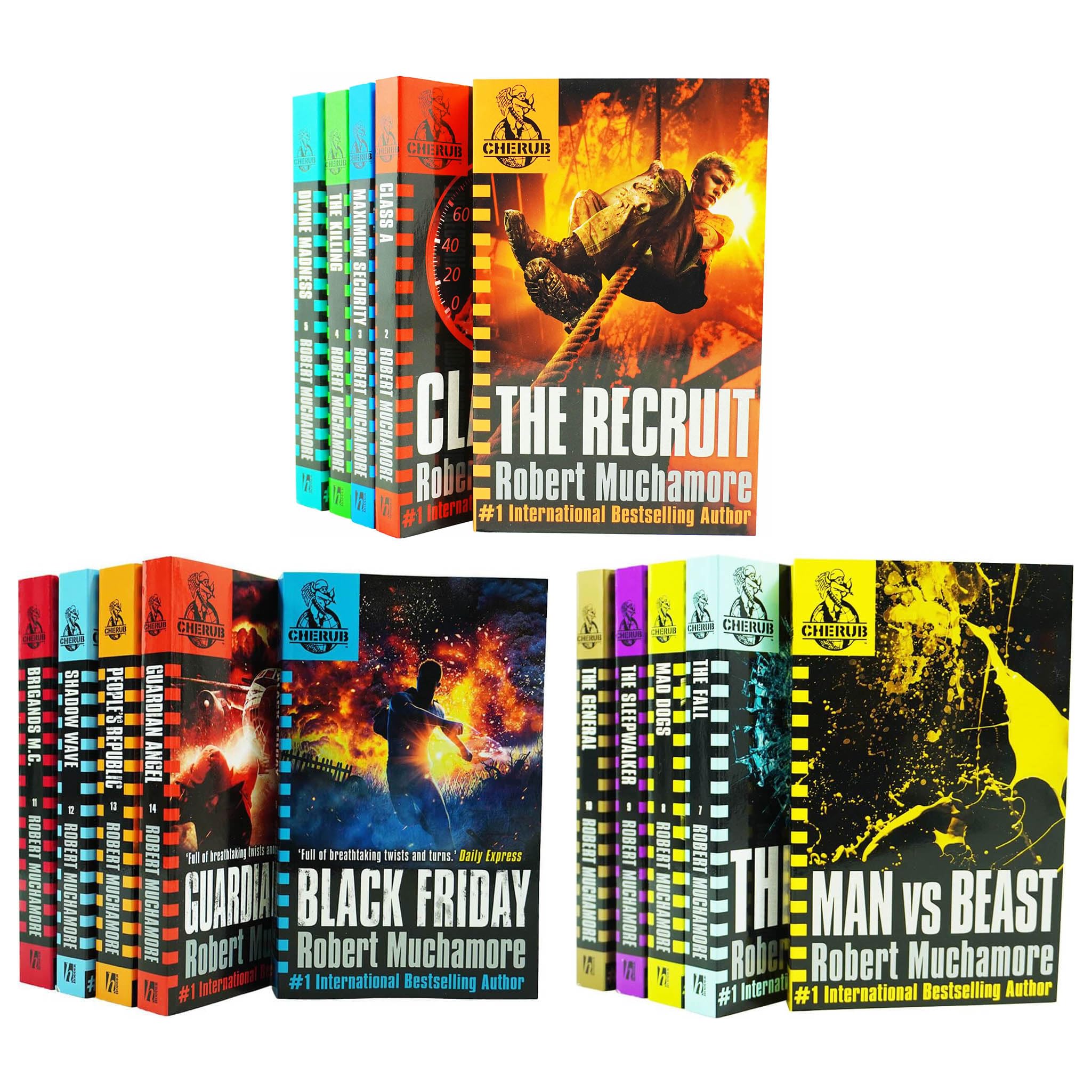 15 paperback books from the Cherub series by Robert Muchamore, featuring colorful covers and engaging young adult themes.