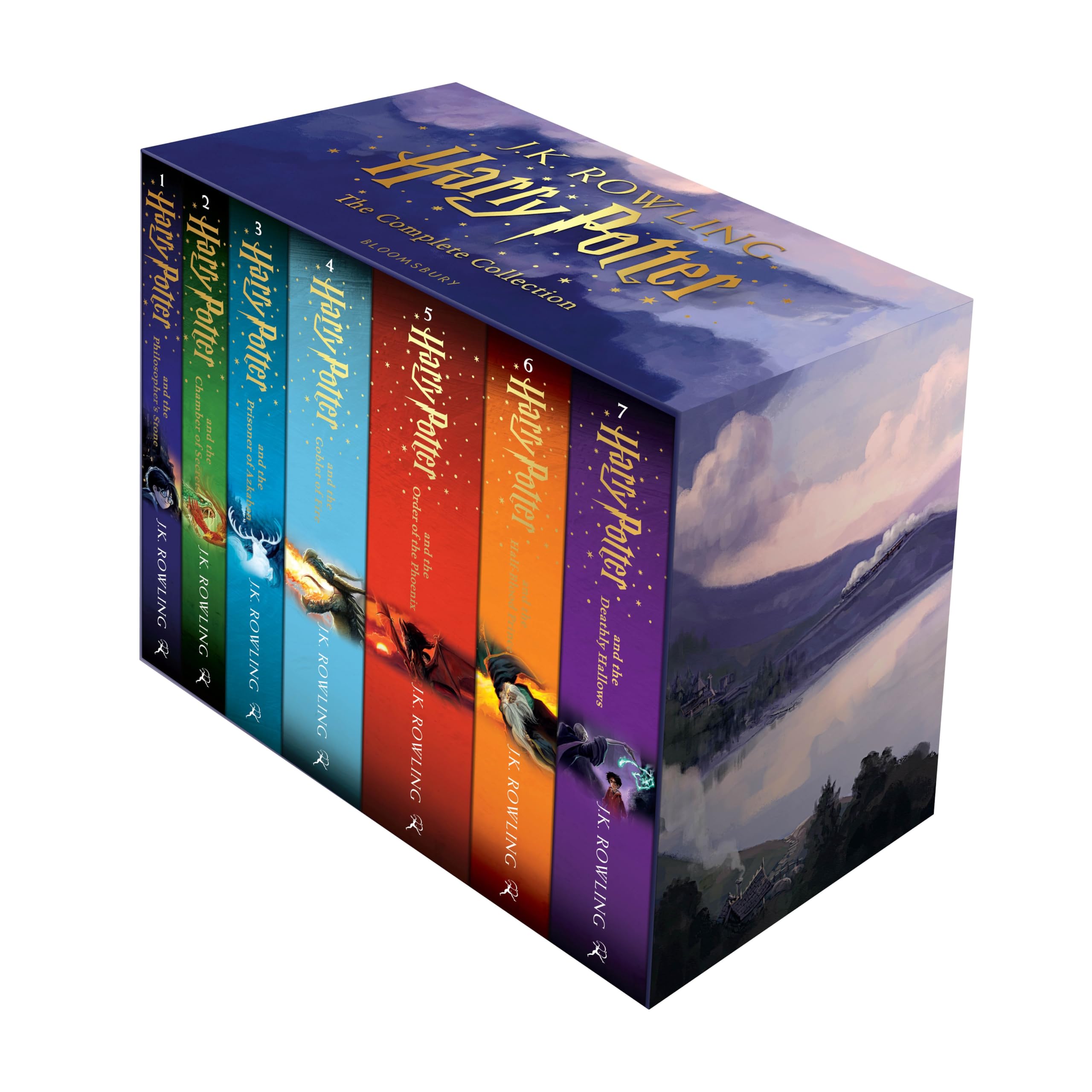 Seven paperback books of the Harry Potter series by J. K. Rowling in a collection box set.