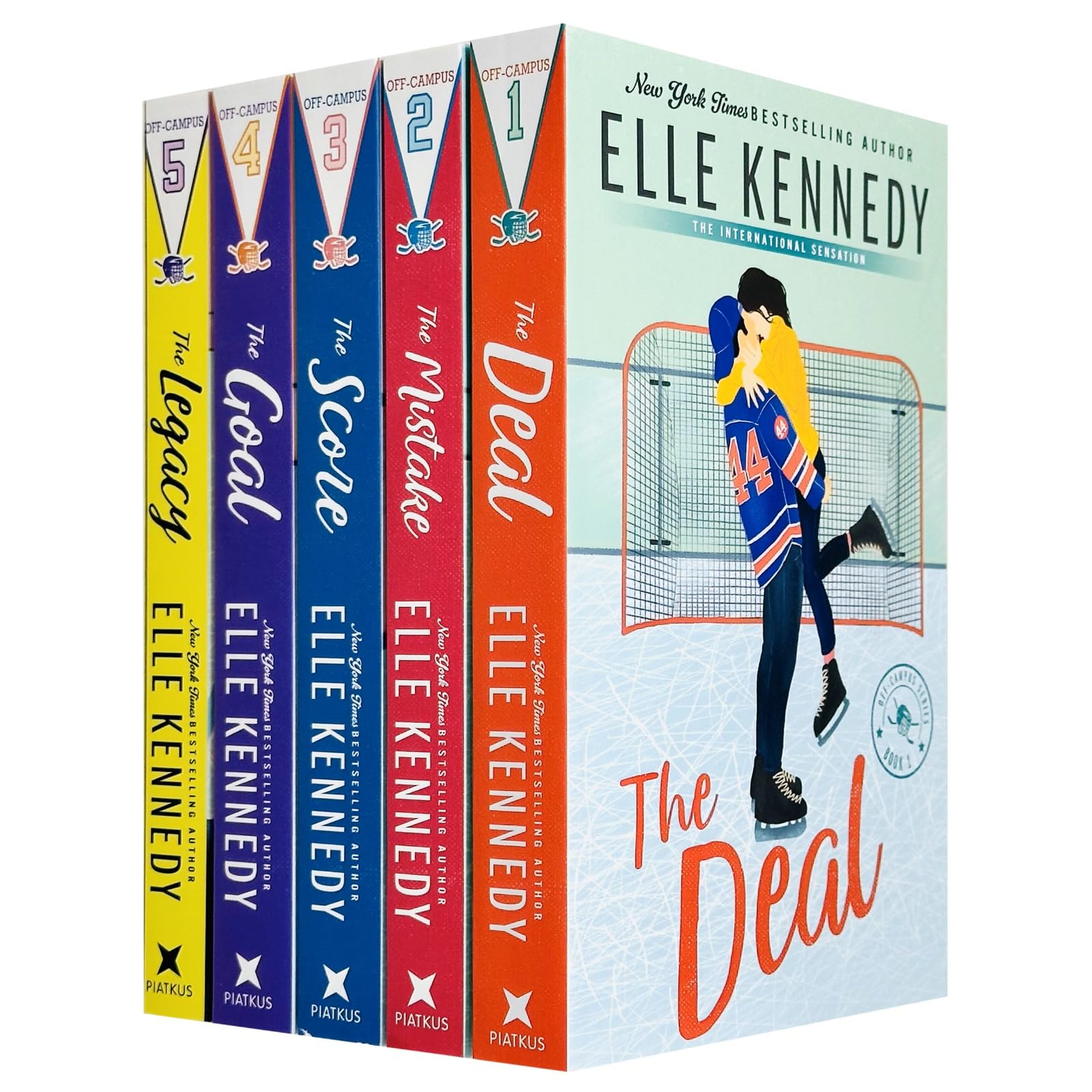 Set of five paperback fiction books from Elle Kennedy's Off Campus Series collection, featuring colorful covers and engaging titles.
