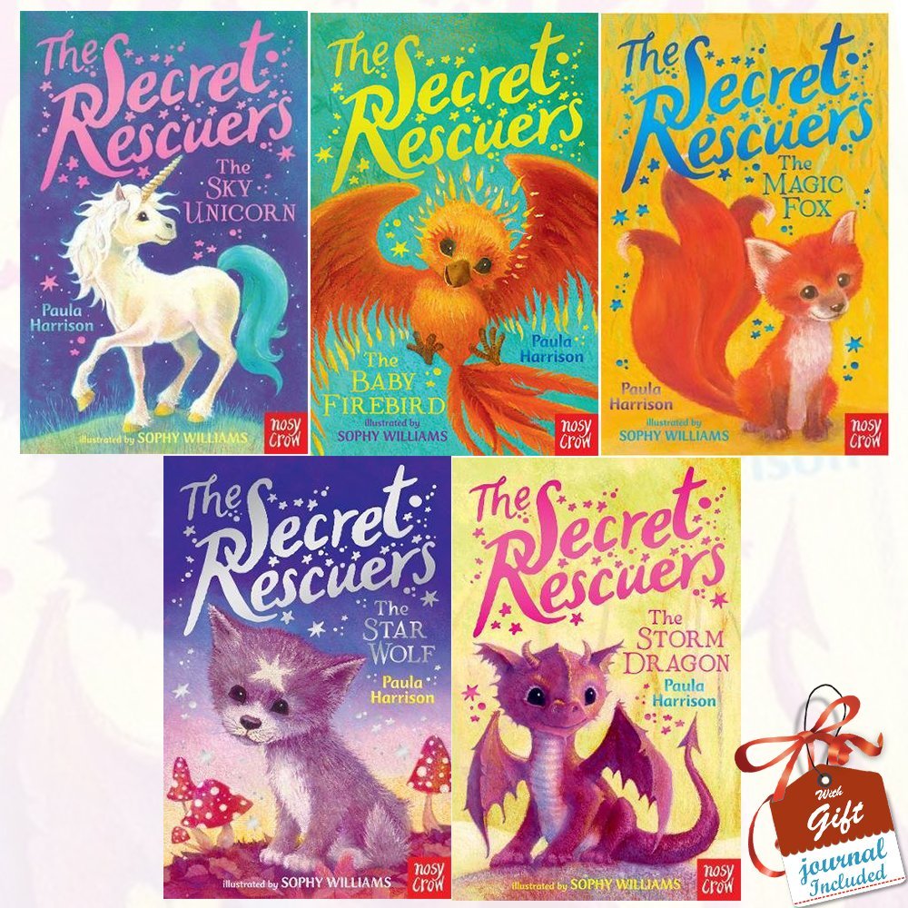 Five paperback books from the Secret Rescuers fiction collection by Paula Harrison, featuring colorful covers and illustrations.