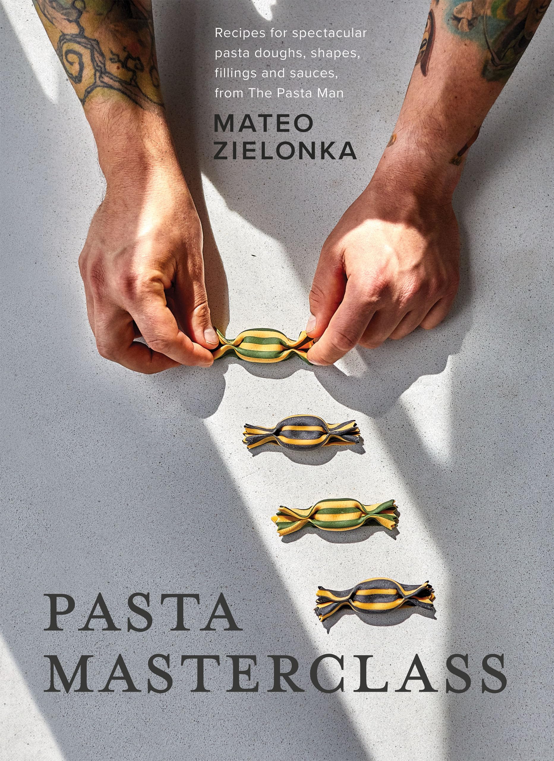 Hardback copy of "Pasta Masterclass" by Mateo Zielonka, showcasing pasta doughs, fillings, and sauces recipes.