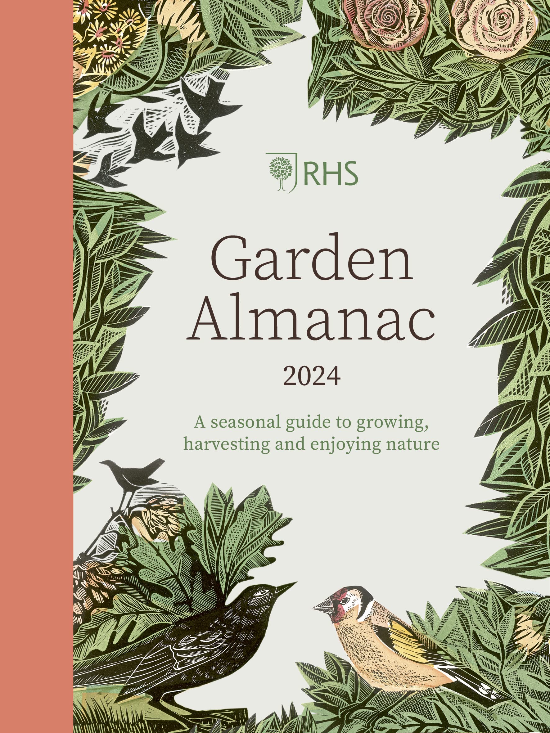 Hardback RHS Garden Almanac 2024 by RHS, showcasing a colorful cover with gardening illustrations and information.