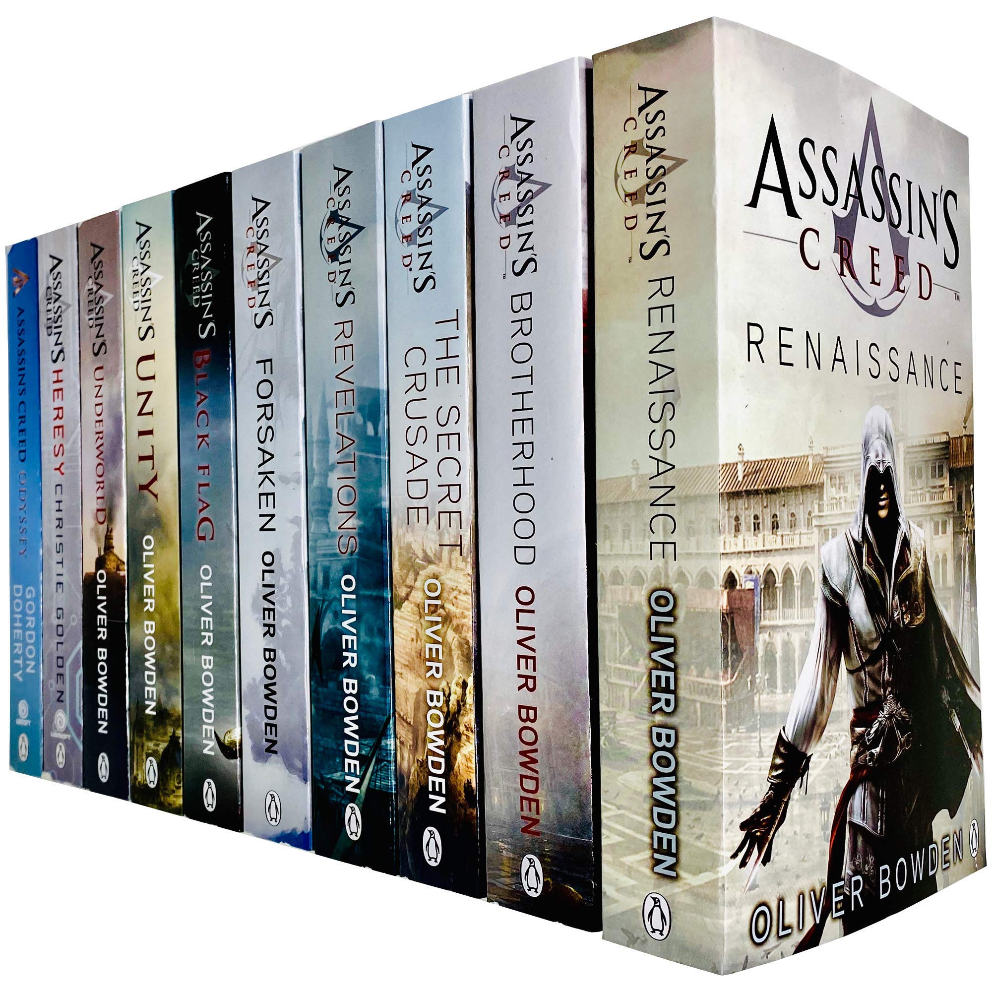 Set of 10 Assassin's Creed official fiction paperback books by Oliver Bowden, featuring colorful cover art and title details.