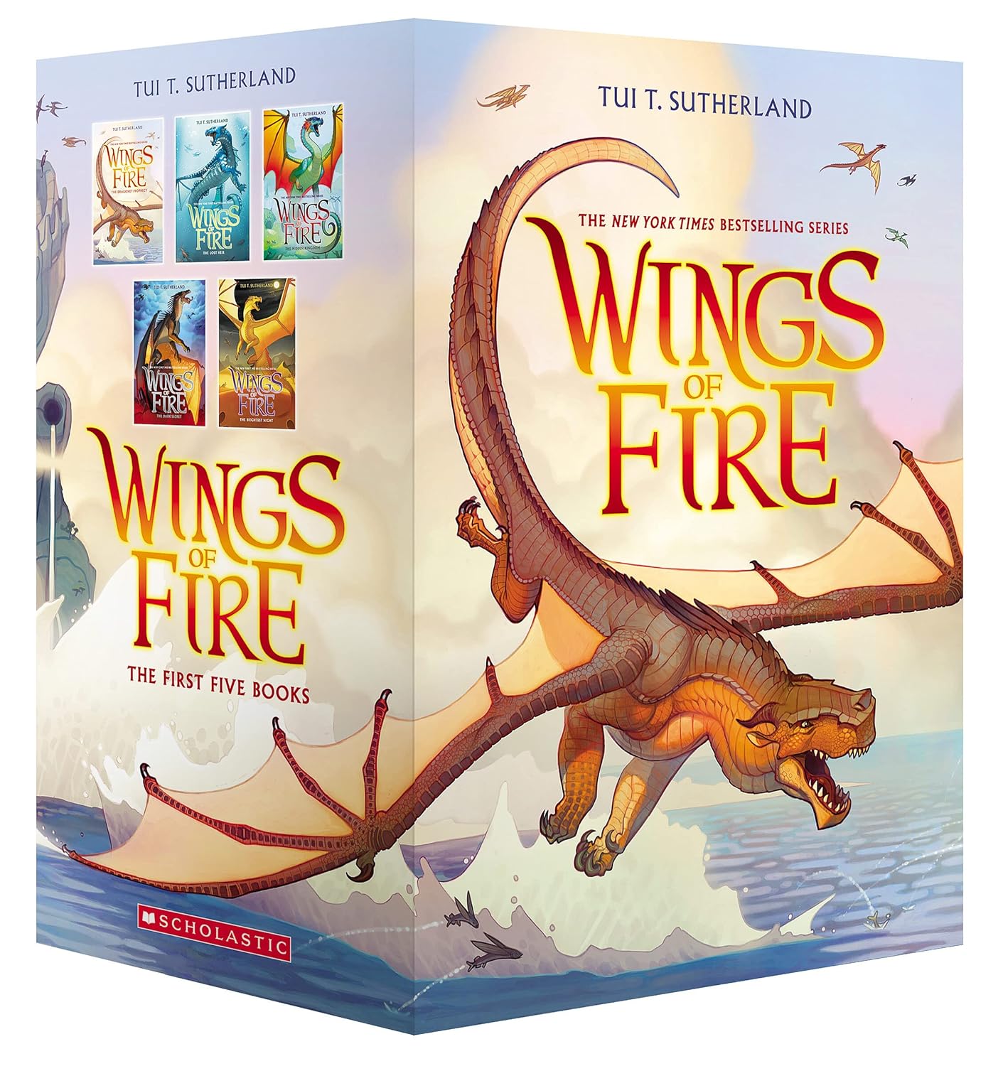 Five paperback Wings of Fire books by Tui T Sutherland in a Scholastic collection box set, featuring colorful dragon illustrations.