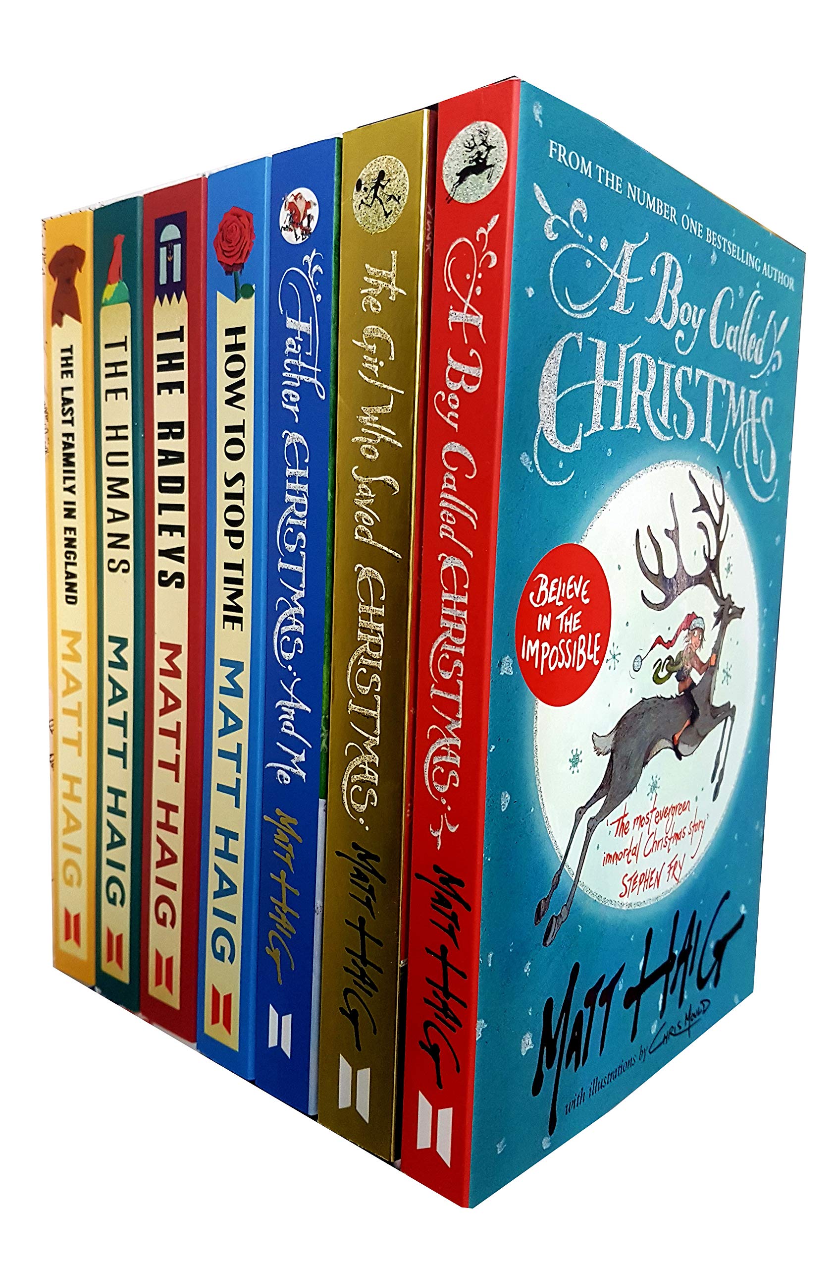Matt Haig Collection set of 7 paperback fiction books by Matt Haig, featuring colorful covers stacked together.