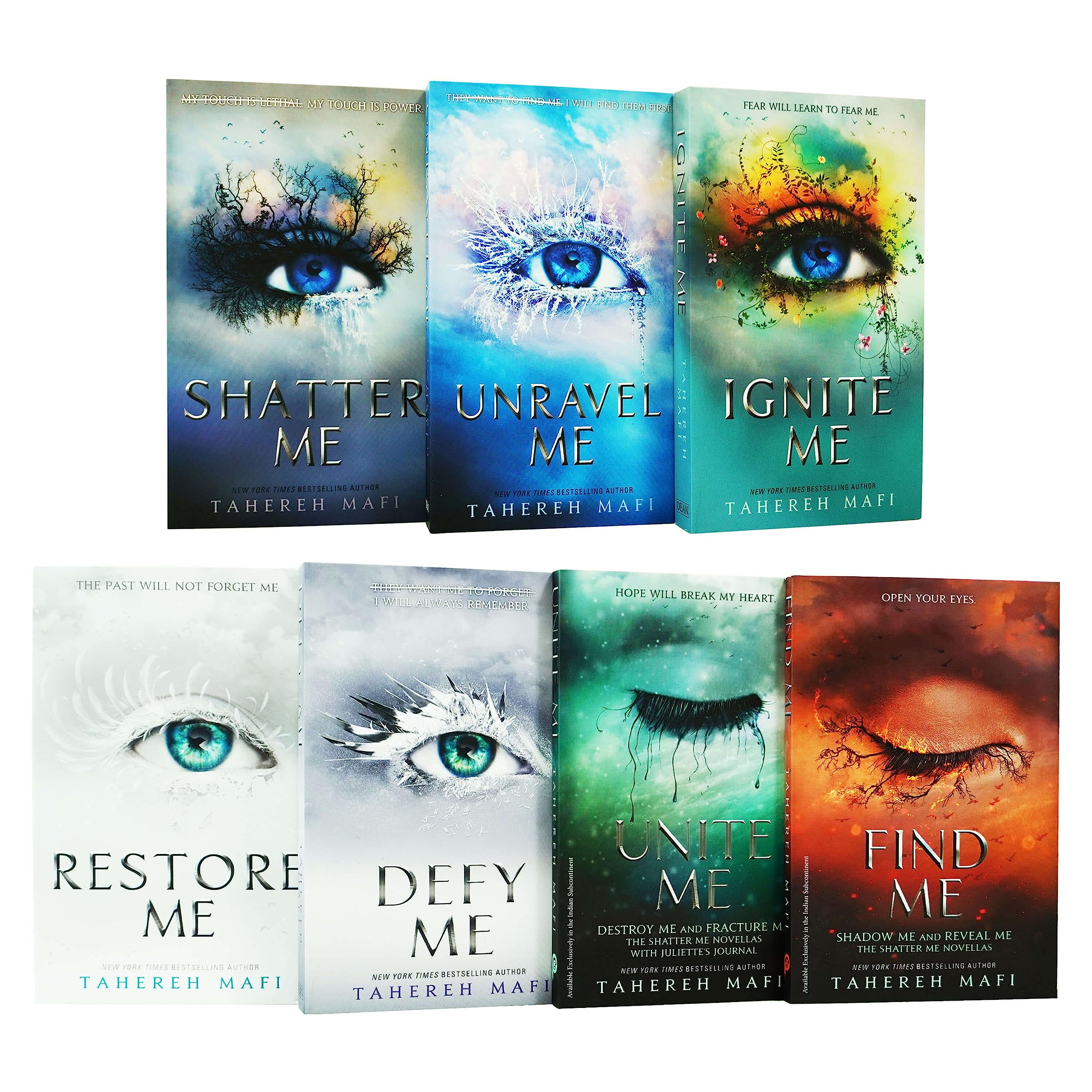 Shatter Me series by Tahereh Mafi, 7 paperback book collection for young adults, featuring colorful covers and titles.