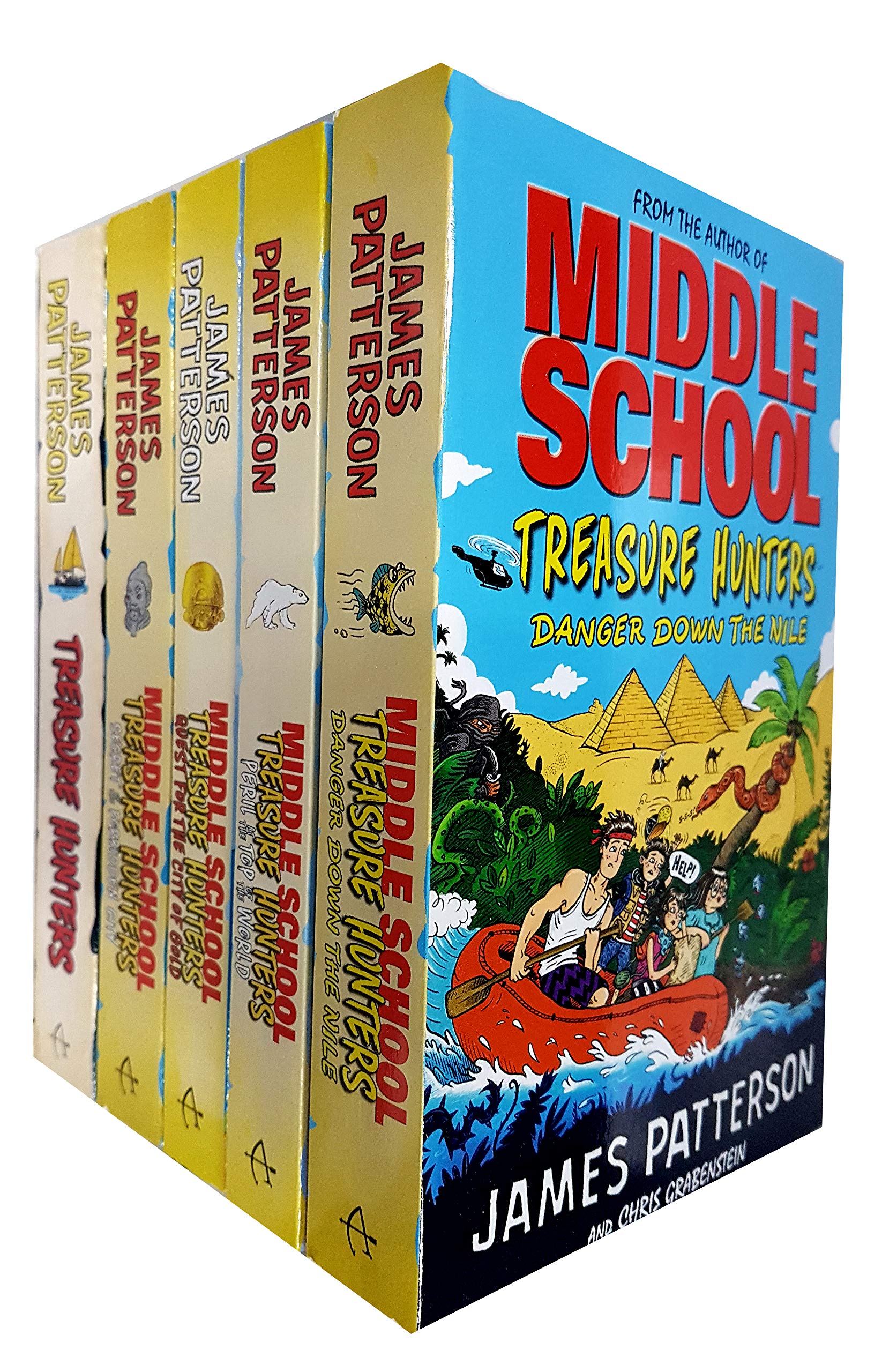Five paperback books from the Middle School Treasure Hunters series by James Patterson, featuring colorful covers and engaging designs.