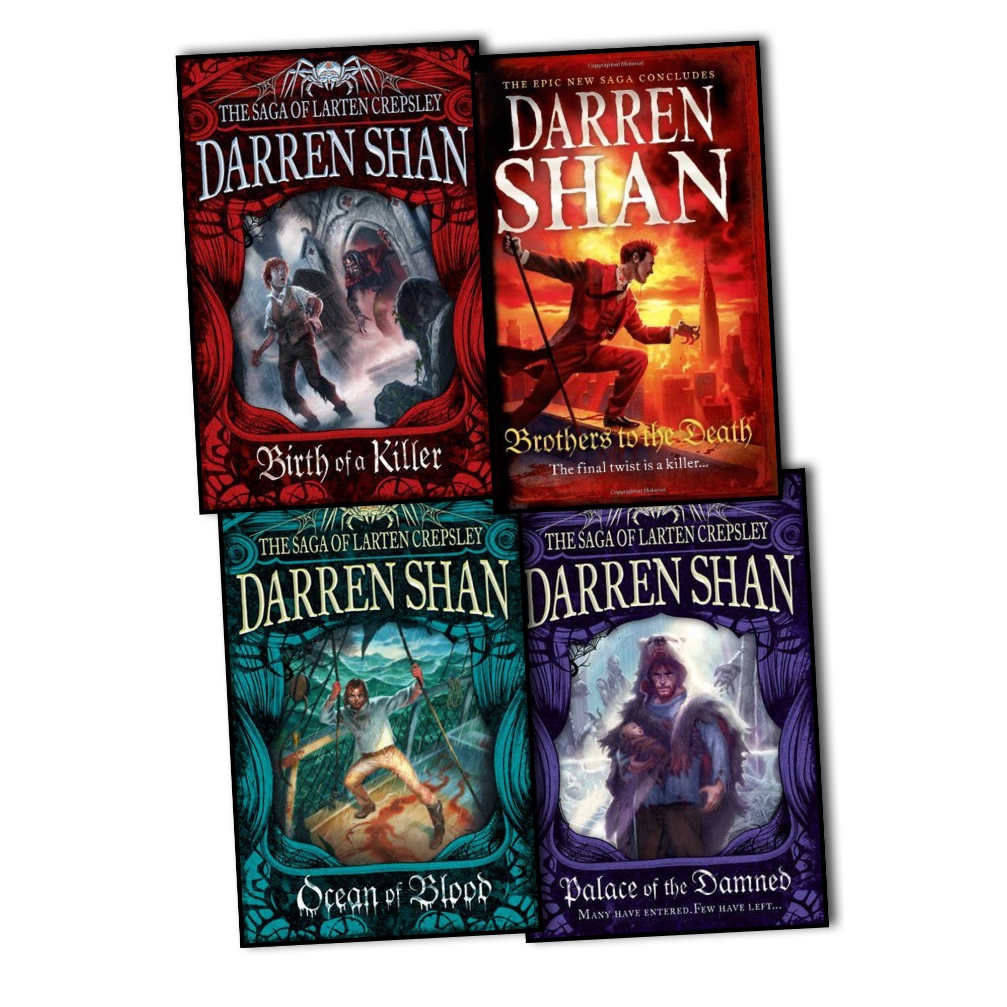 Four paperback books from "The Saga of Larten Crepsley" by Darren Shan featuring young adult vampire themes.