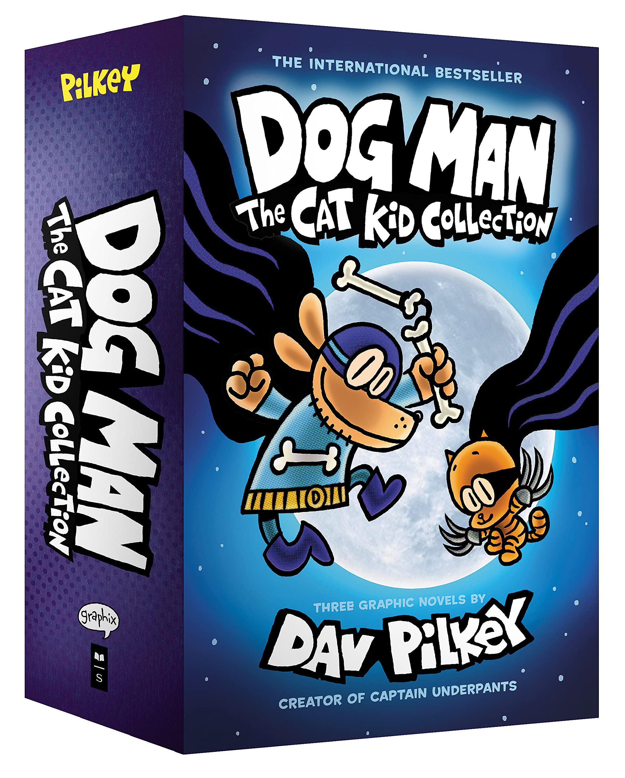 Three hardcover Dog Man and Cat Kid books from Dav Pilkey's collection for kids aged 6-9, featuring colorful cartoon covers.