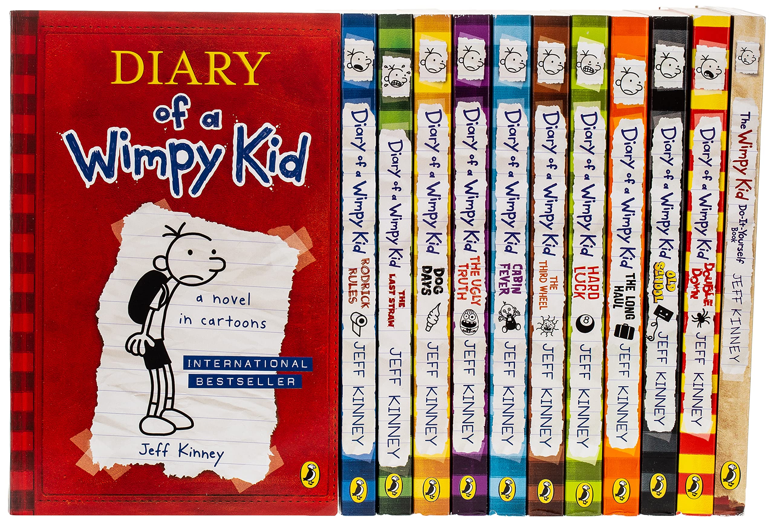 Diary of a Wimpy Kid 12 book collection set in paperback by Jeff Kinney, showcasing colorful covers and fun illustrations.